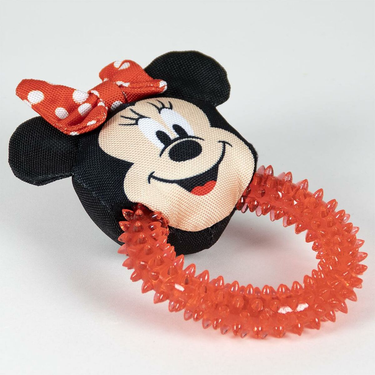 Giocattolo per cani di Minnie Mouse con fiocco rosso e anello rosso strutturato.
