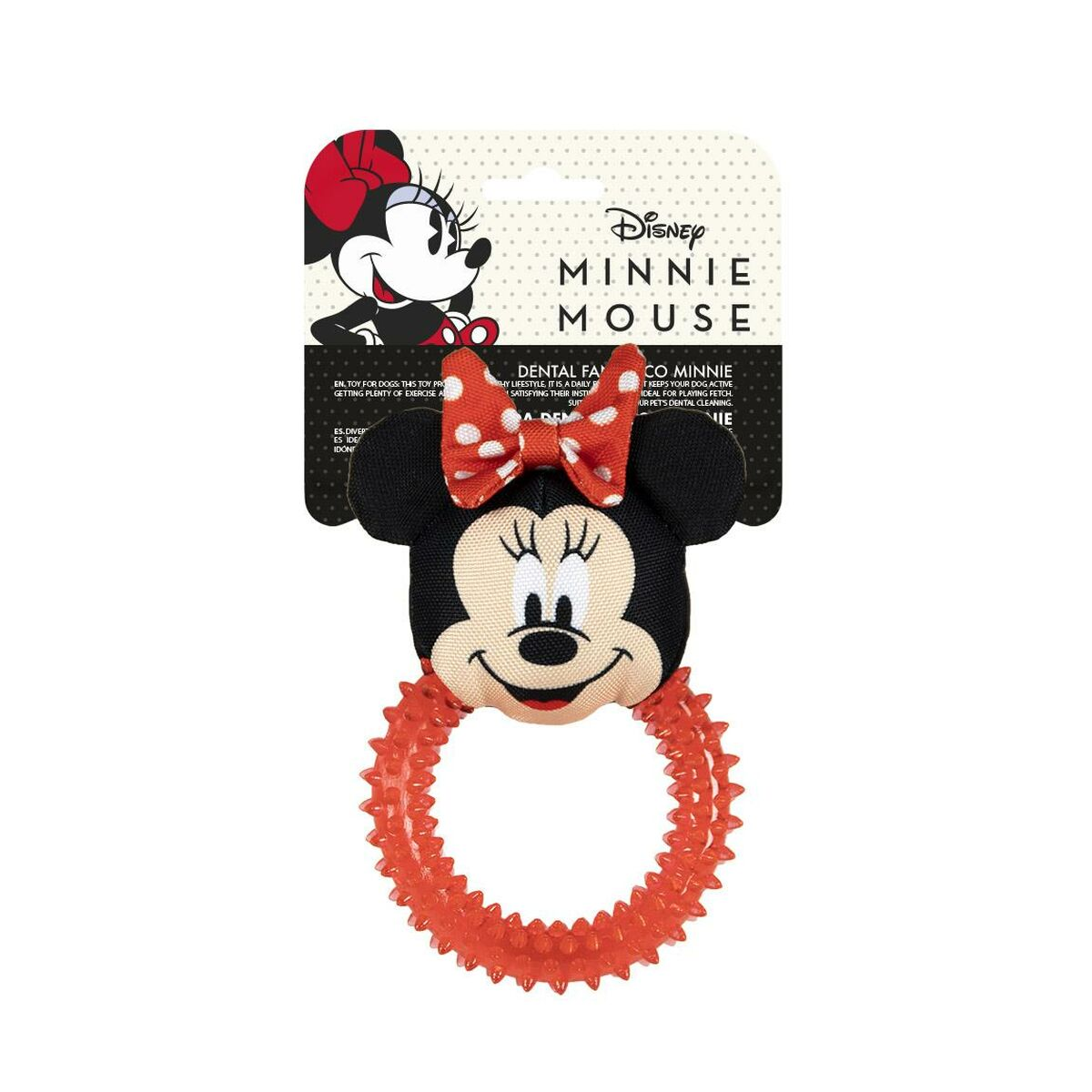 Un giocattolo per cani di Minnie Mouse con un fiocco rosso e un anello rosso strutturato.