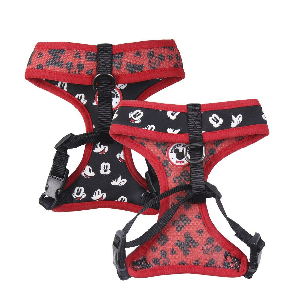 Zwei rot-schwarze Hundegeschirre, Mickey Mouse Design, mit schwarzen Riemen und Schnallen.