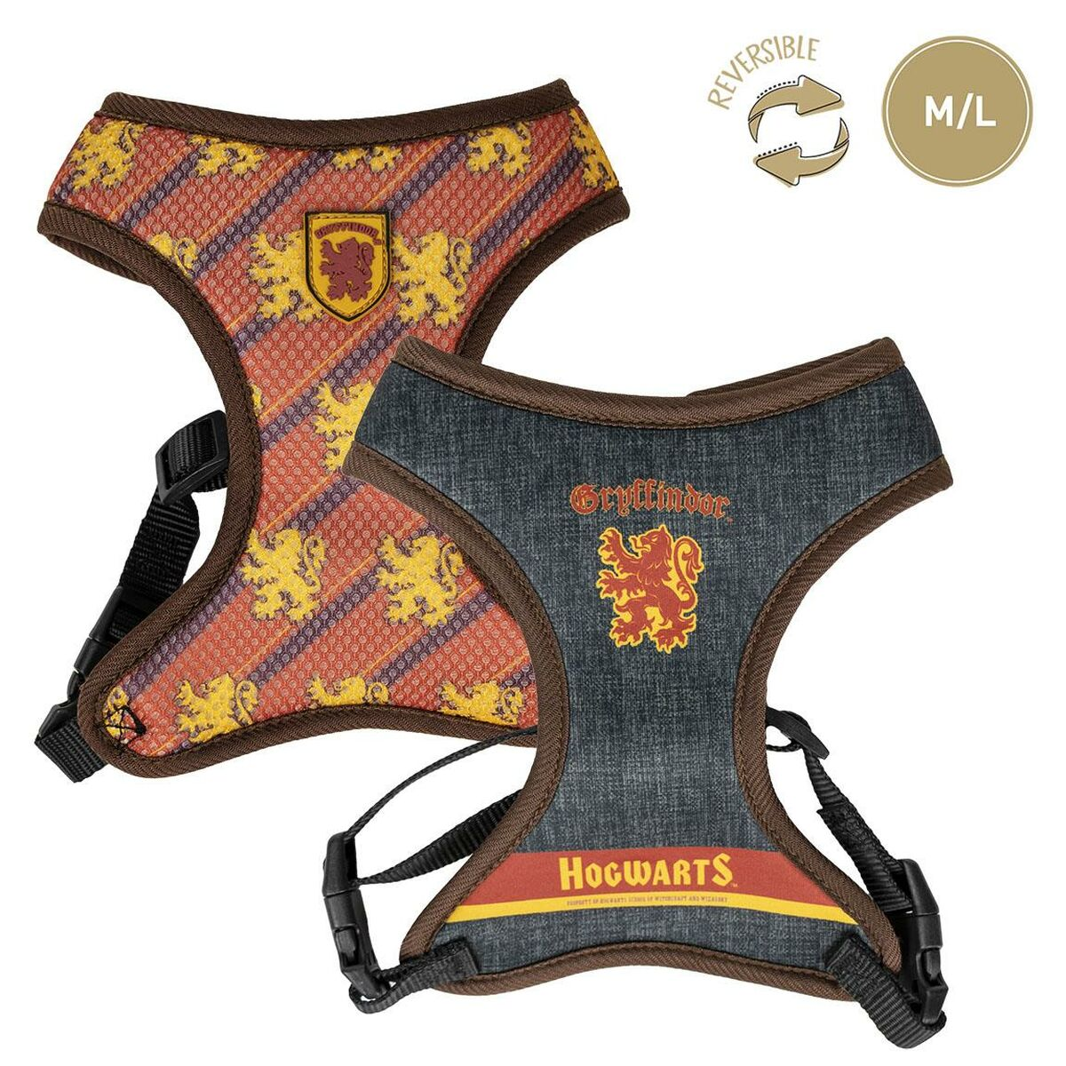 Wende-Hunde-Geschirr mit Harry-Potter-Themen. Eine Seite ist rot, die andere dunkelblau.