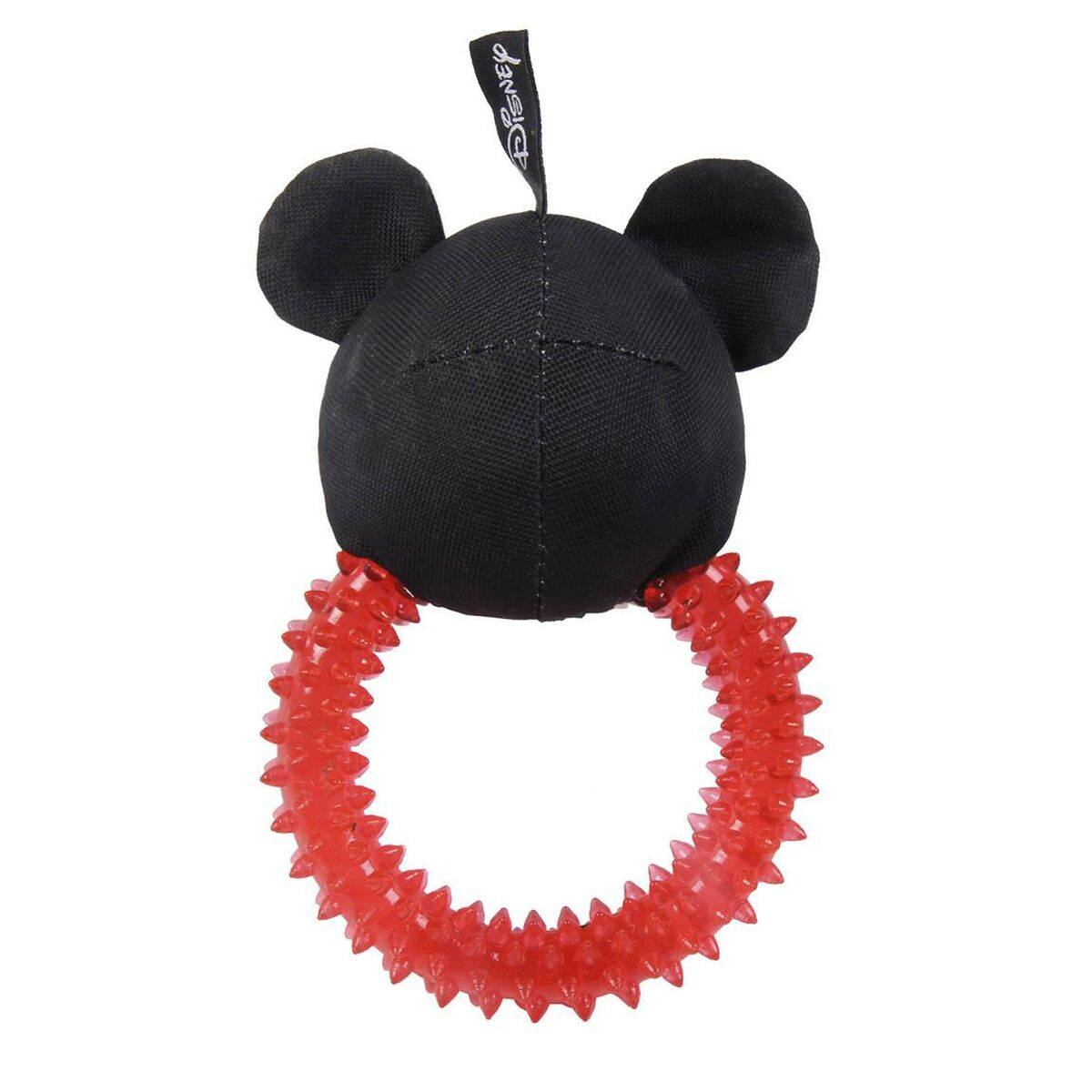Un giocattolo per cani di Topolino nero con un anello rosso a spillo. Un'etichetta Disney pende dalla testa.