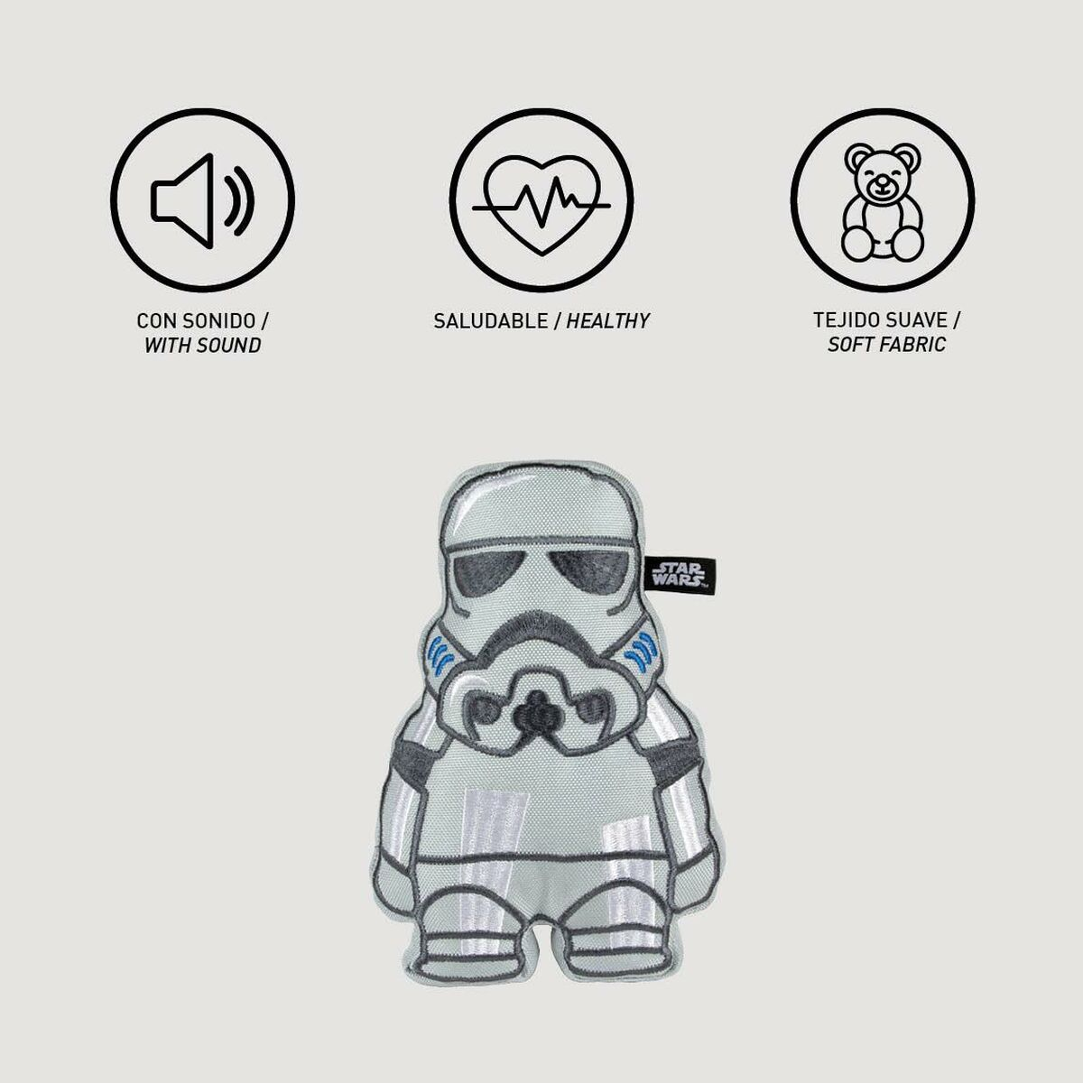 Star Wars Stormtrooper Plüschtier. Es hat 'WITH SOUND' und 'SOFT FABRIC' Etiketten.