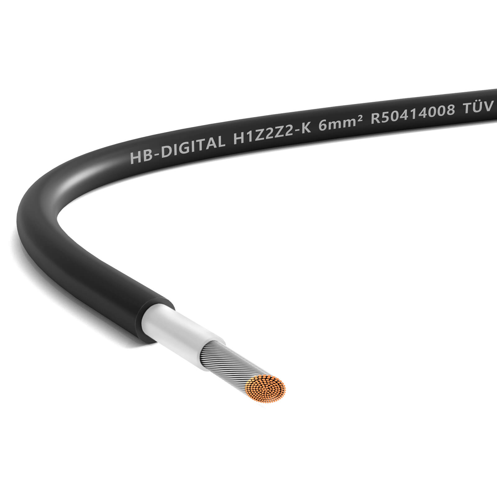 Schwarzes Kabel mit Kupferkern, weiße Innenisolierung. Text auf dem Kabel lautet: