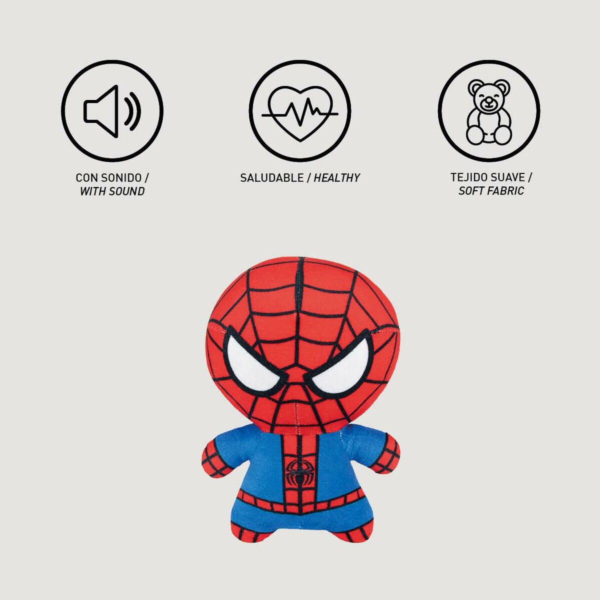 Spider-Man-Plüschtier mit rot-blauem Kostüm und Informationssymbolen um das Spielzeug herum.