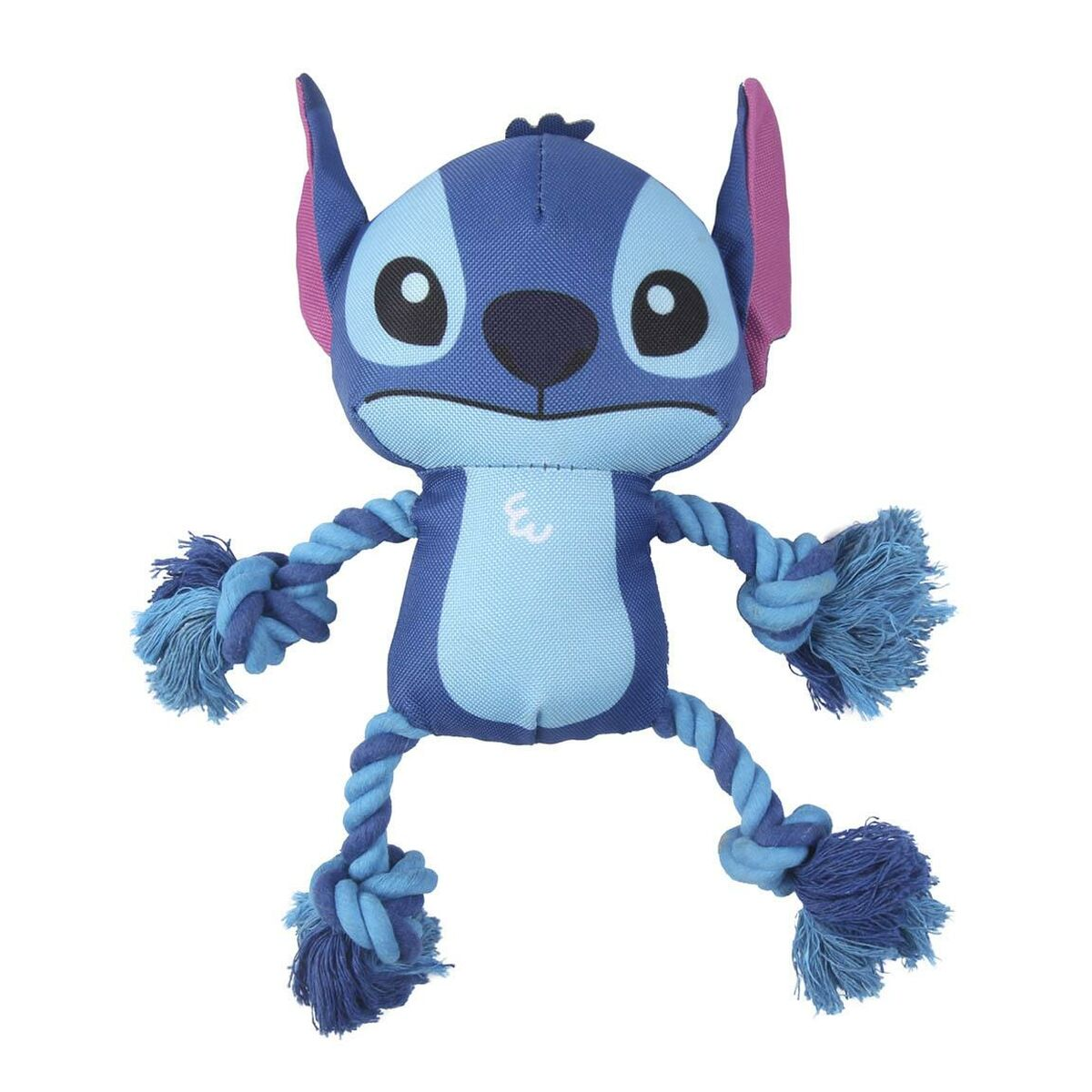 Un peluche blu di Stitch di Lilo & Stitch è in mostra. Stitch ha colori blu e rosa, e braccia e gambe di corda.