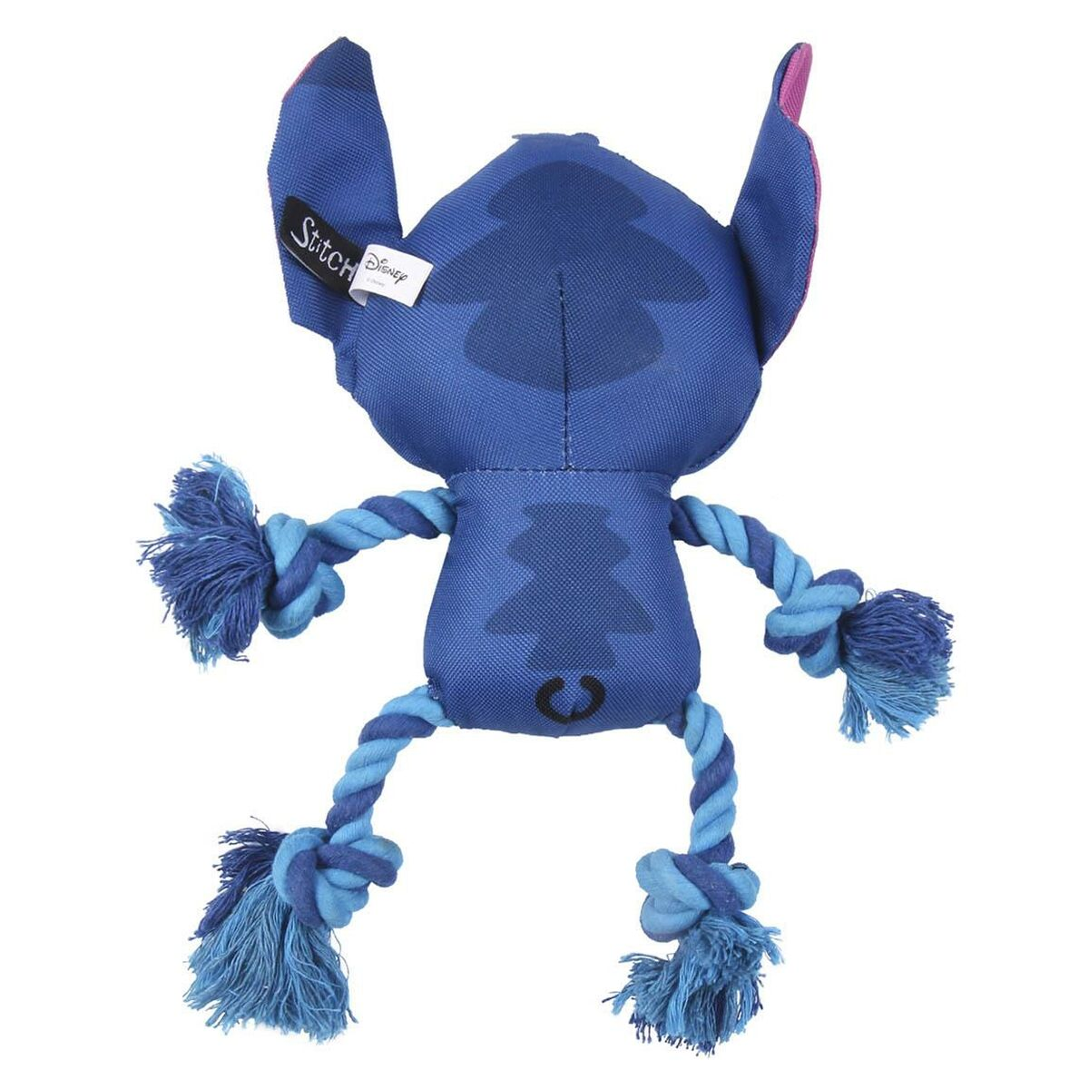Peluche blu di Stitch con braccia e gambe di corda, un'etichetta Disney. Lo sfondo è bianco.
