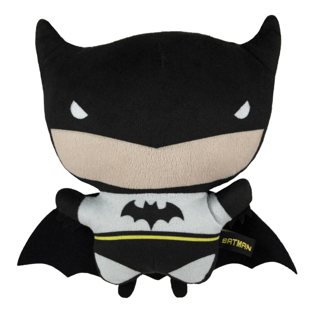 Peluche di Batman con mantello nero, petto bianco, logo nero e cintura gialla.