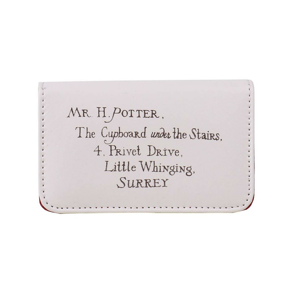 Weißes Portemonnaie mit Adressdetails: Mr. H. Potter, 4 Privet Drive, Little Whinging, Surrey.
