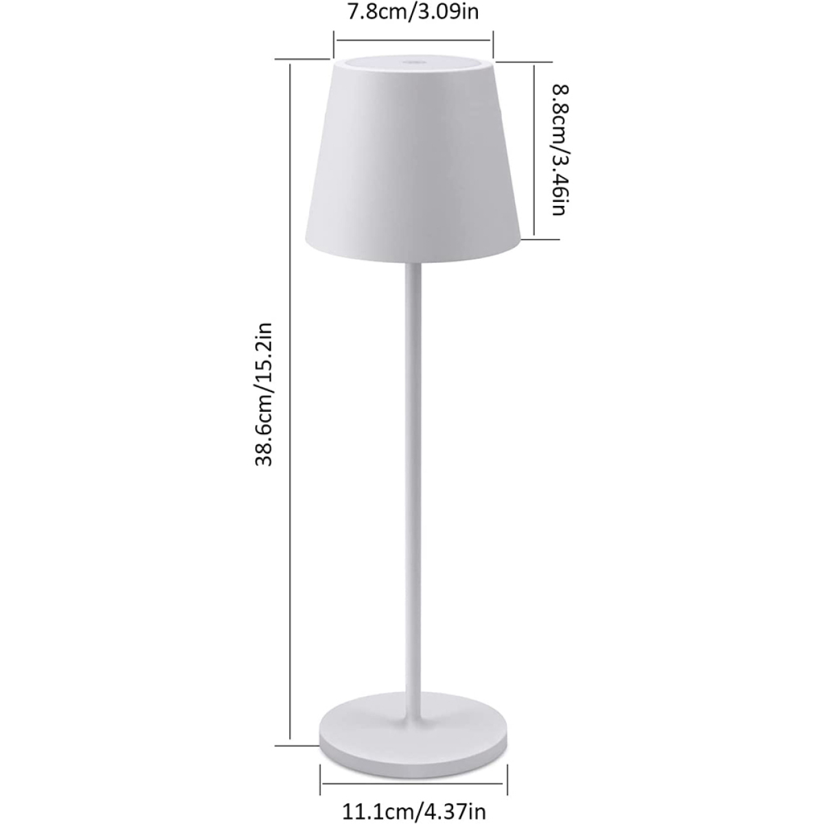 Eine weiße Tischlampe mit angegebenen Abmessungen auf weißem Hintergrund.