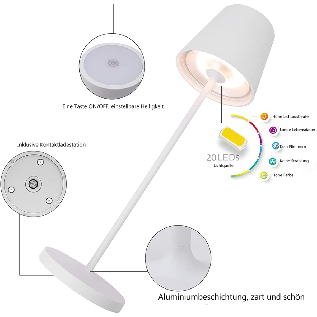 Weiße Tischlampe mit rundem Fuß, langem Stiel und konischem Lampenschirm.
