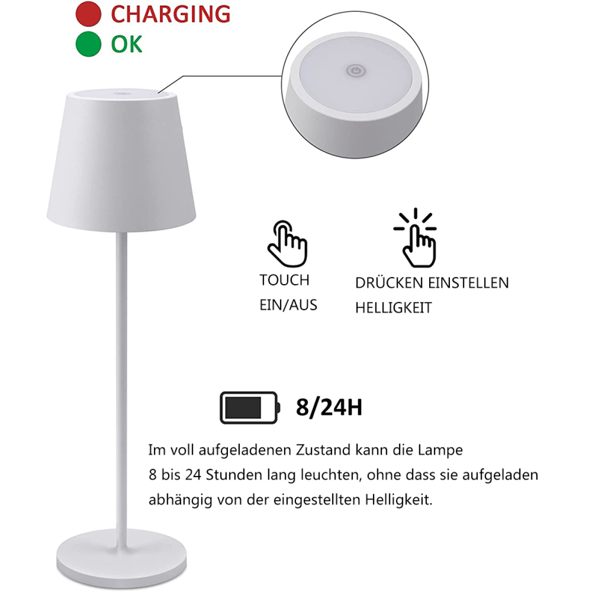 Weiße Tischlampe mit Touch-Bedienelementen und Ladeanzeigen. Text auf Deutsch.