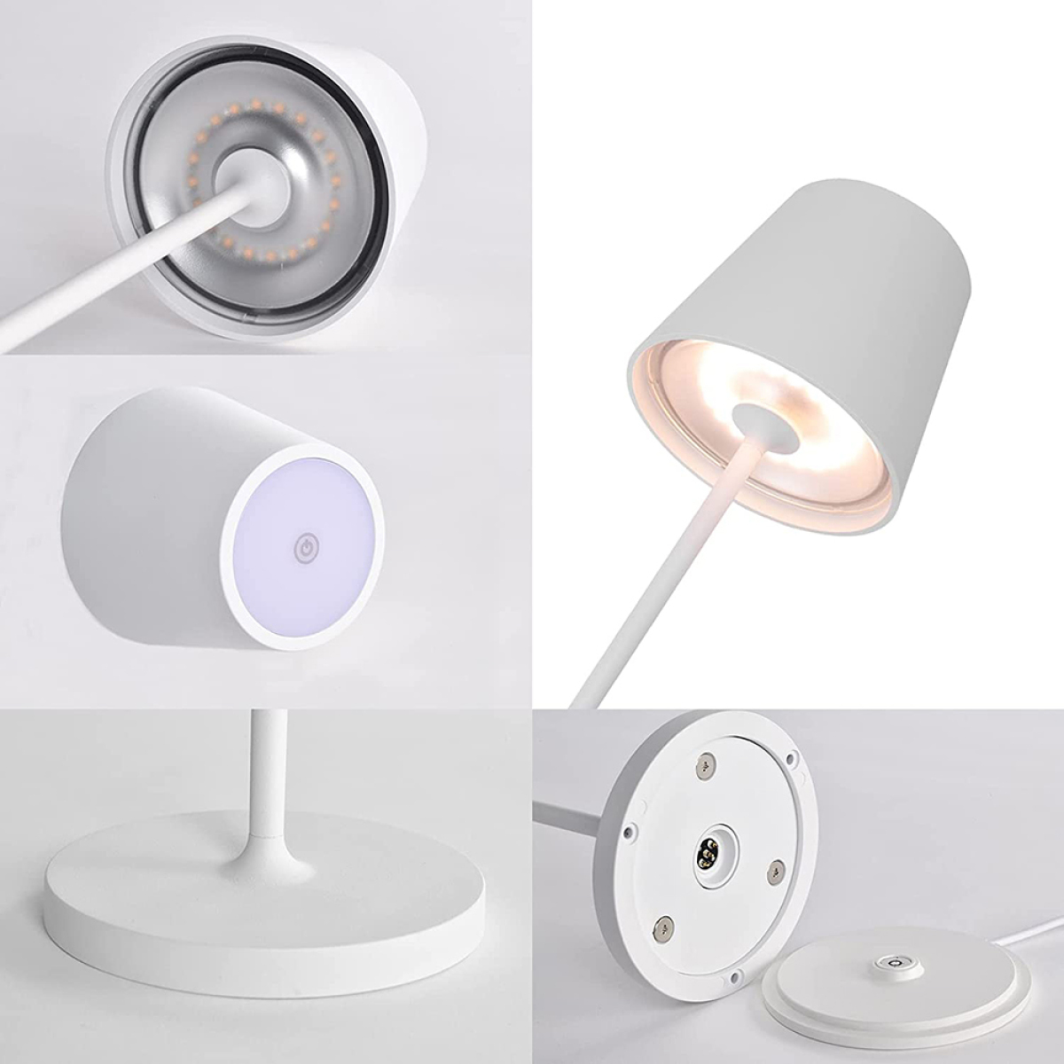 Weiße Lampenteile. Lampensockel, Schirm und Draufsicht auf das Licht. Das Licht ist weiß und modern.