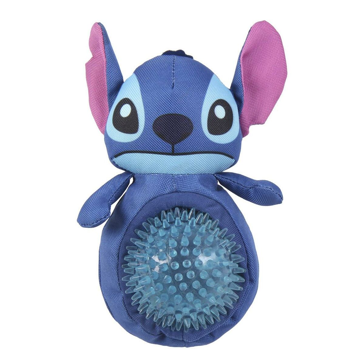 Un giocattolo Stitch blu con una palla a punte all'interno della pancia. Ha orecchie e occhi rosa.