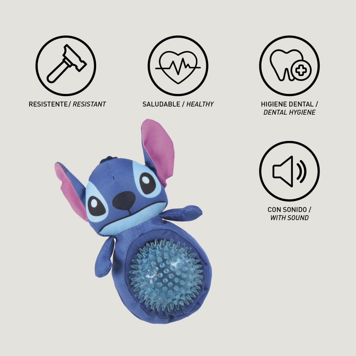 Giocattolo blu di Stitch con icone di sano, resistente, igiene dentale e suono.