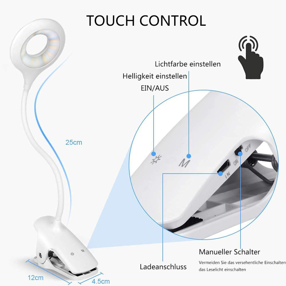 Weiße Schreibtischlampe mit Touch-Control-Details. Text und Diagramm.