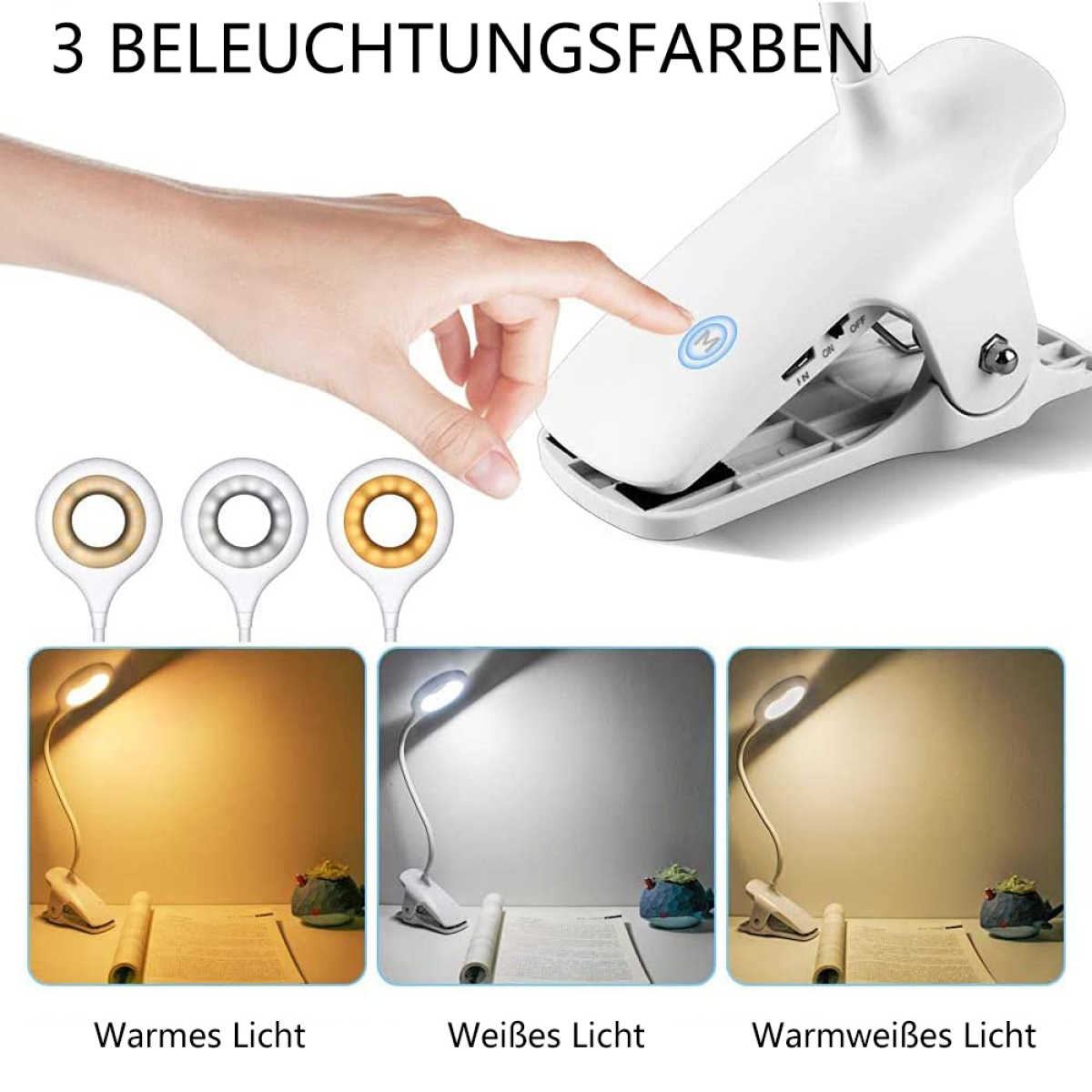 Weiße Schreibtischlampe mit drei Lichteinstellungen. Die Lichter sind gelb, weiß und warmweiß.