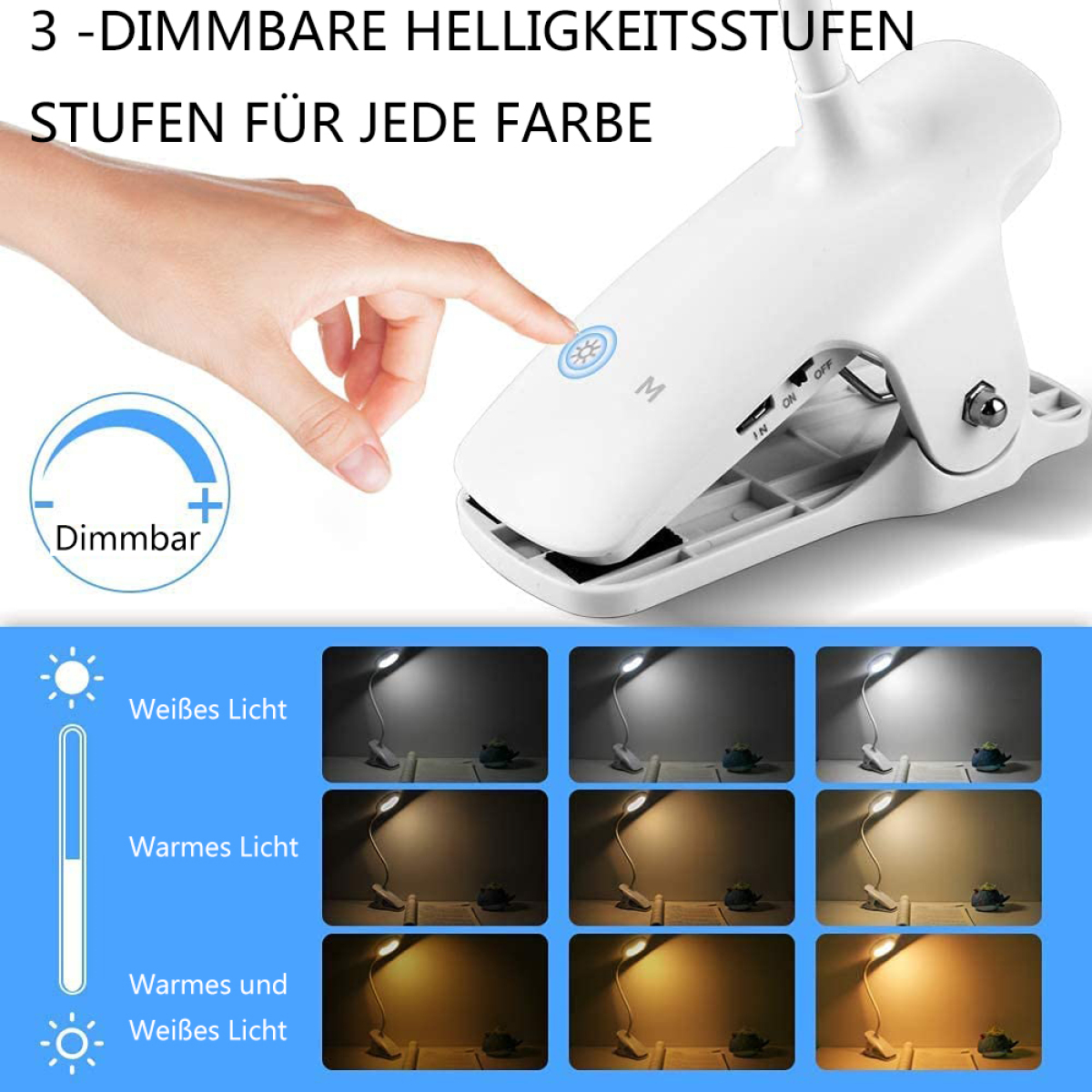 Weiße Schreibtischlampe mit Hand, die einen Knopf berührt, zeigt verschiedene Lichteinstellungen.