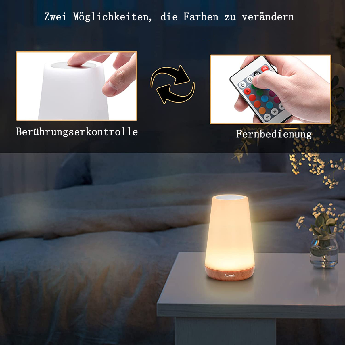 Kleine weiße Nachttischlampe mit Touch- und Fernbedienungsoptionen.