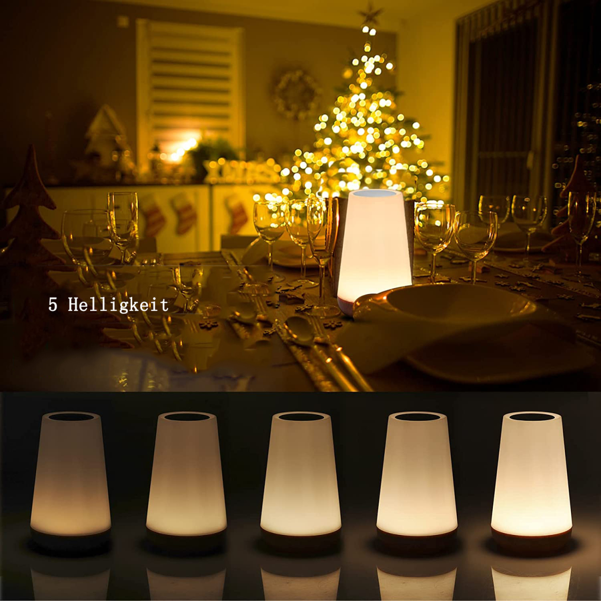 Ein weihnachtlich gedeckter Tisch mit beleuchtetem Baum und Tischlampen, die eine warme Atmosphäre schaffen.