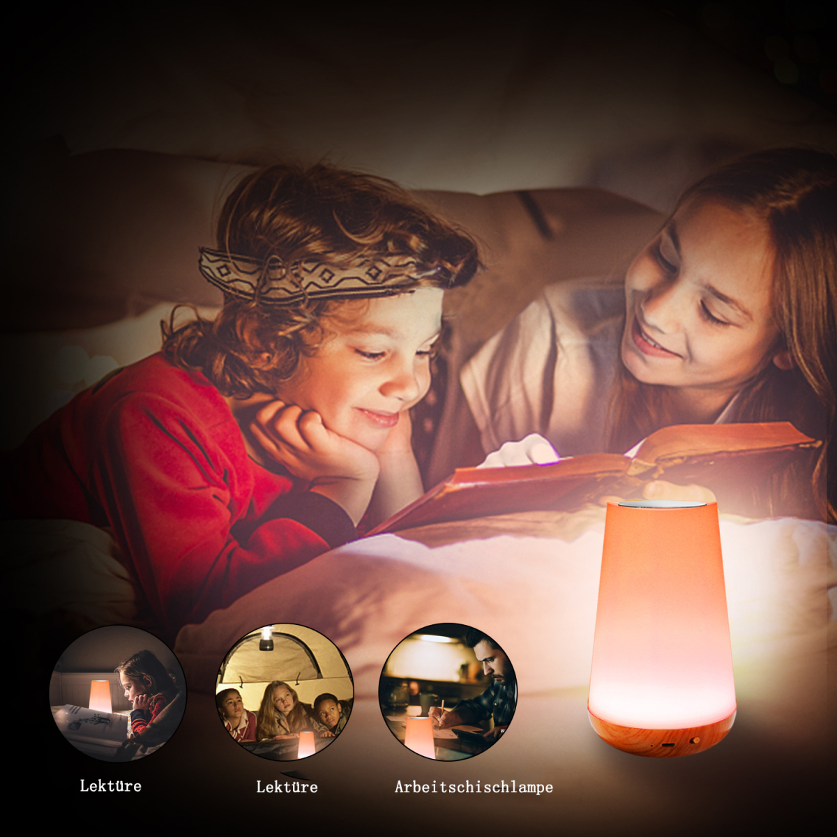 Zwei Kinder lesen unter einer Lampe. Eine Lampe beleuchtet die Szene mit sanftem Schein und hat 3 zusätzliche Bilder.
