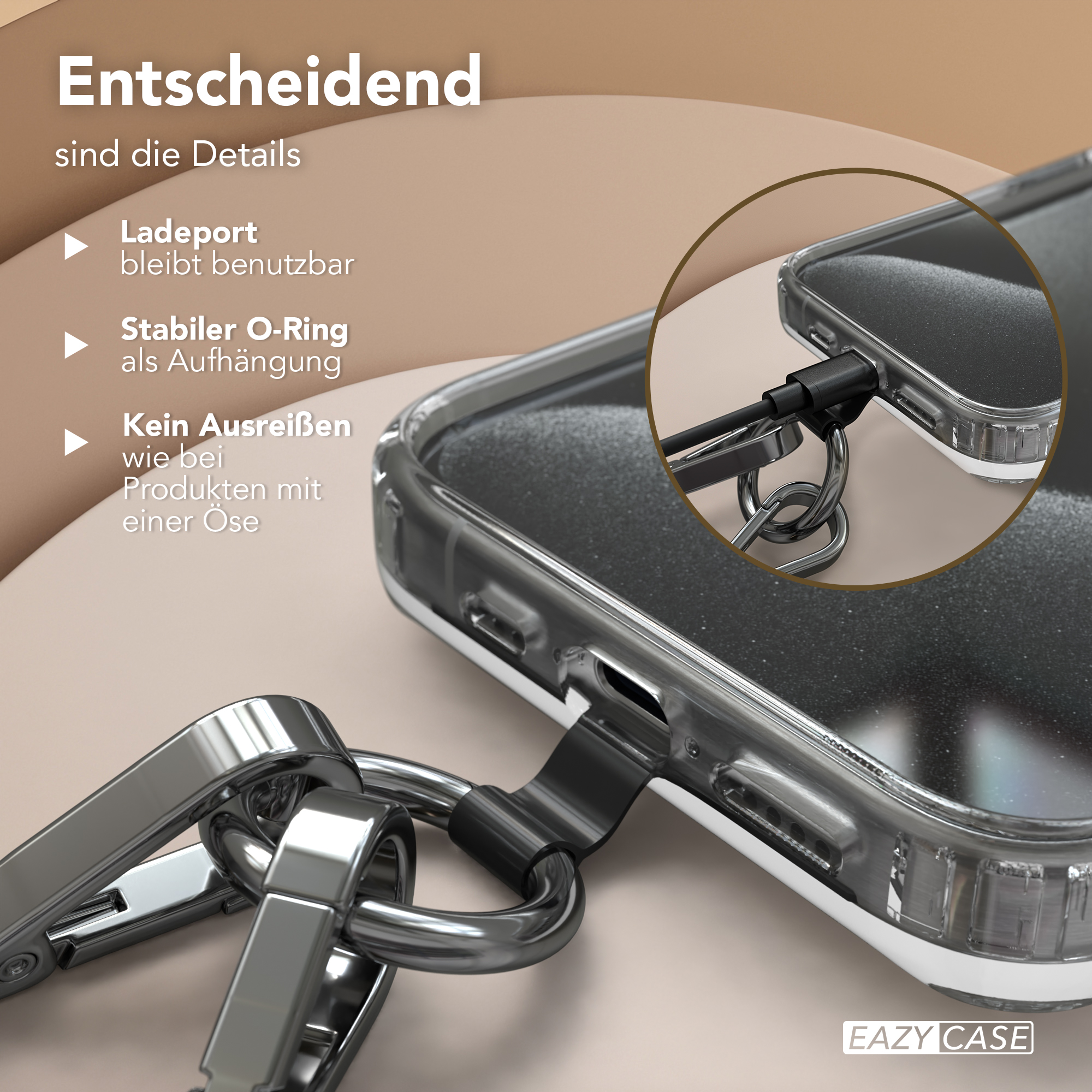 Nahaufnahme einer Handyhülle mit silbernem Ring und schwarzem Riemen, mit Text über Funktionen.