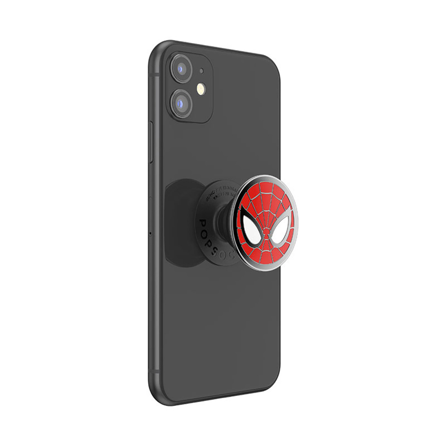 Telefono nero con un PopSocket di Spider-Man. Lo sfondo è bianco.