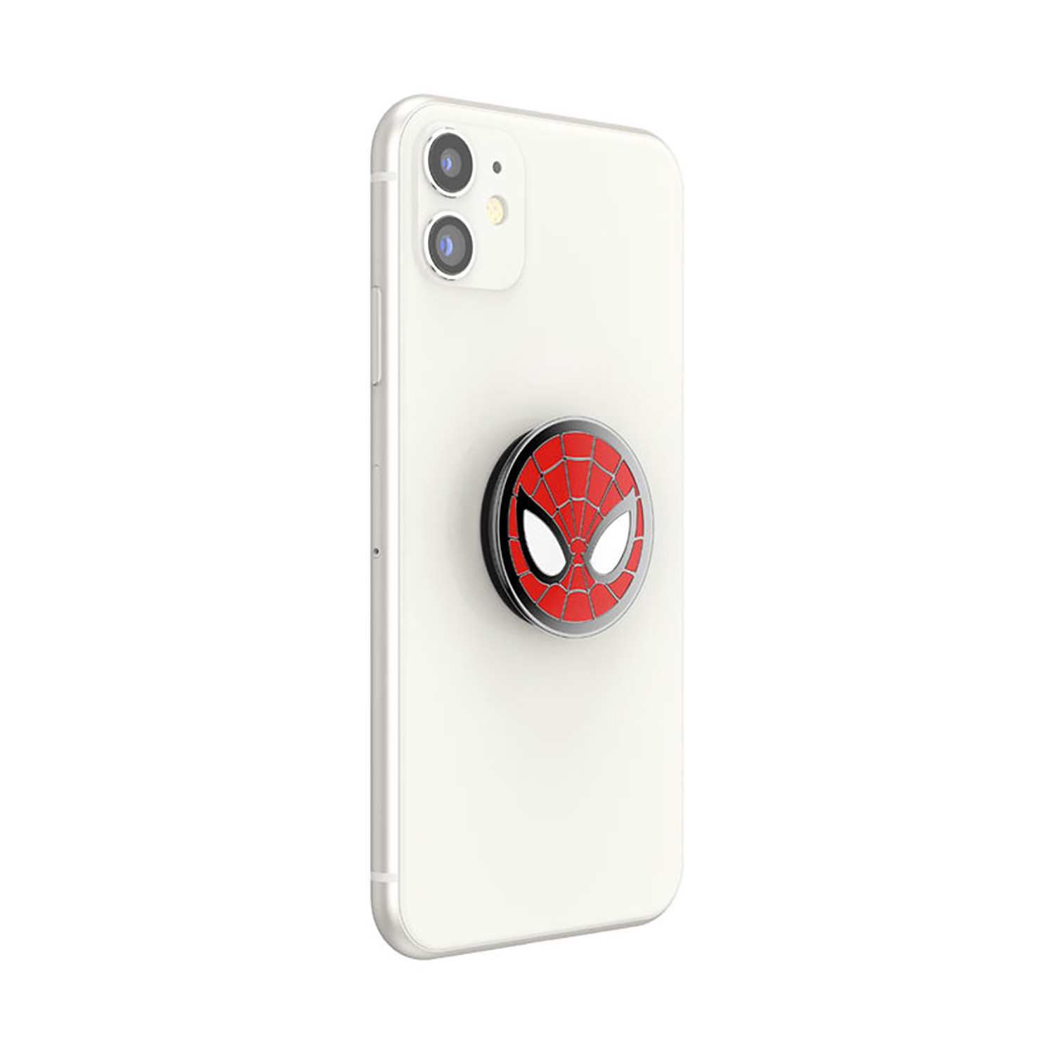 iPhone bianco con un pop socket di Spider-Man attaccato sul retro.