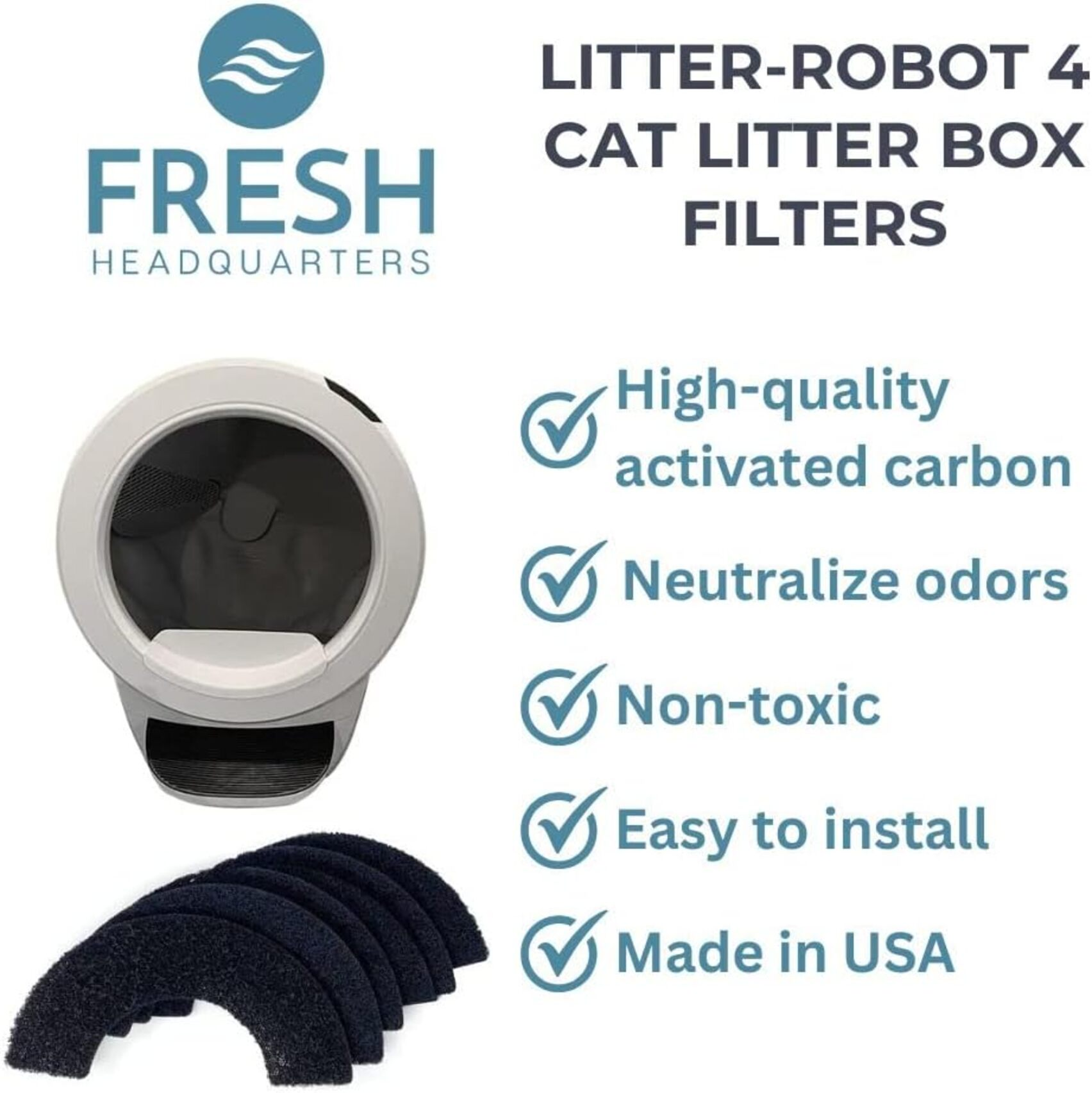 Een witte kattenbak met filters en tekst over de kenmerken: hoogwaardige koolstof, etc.