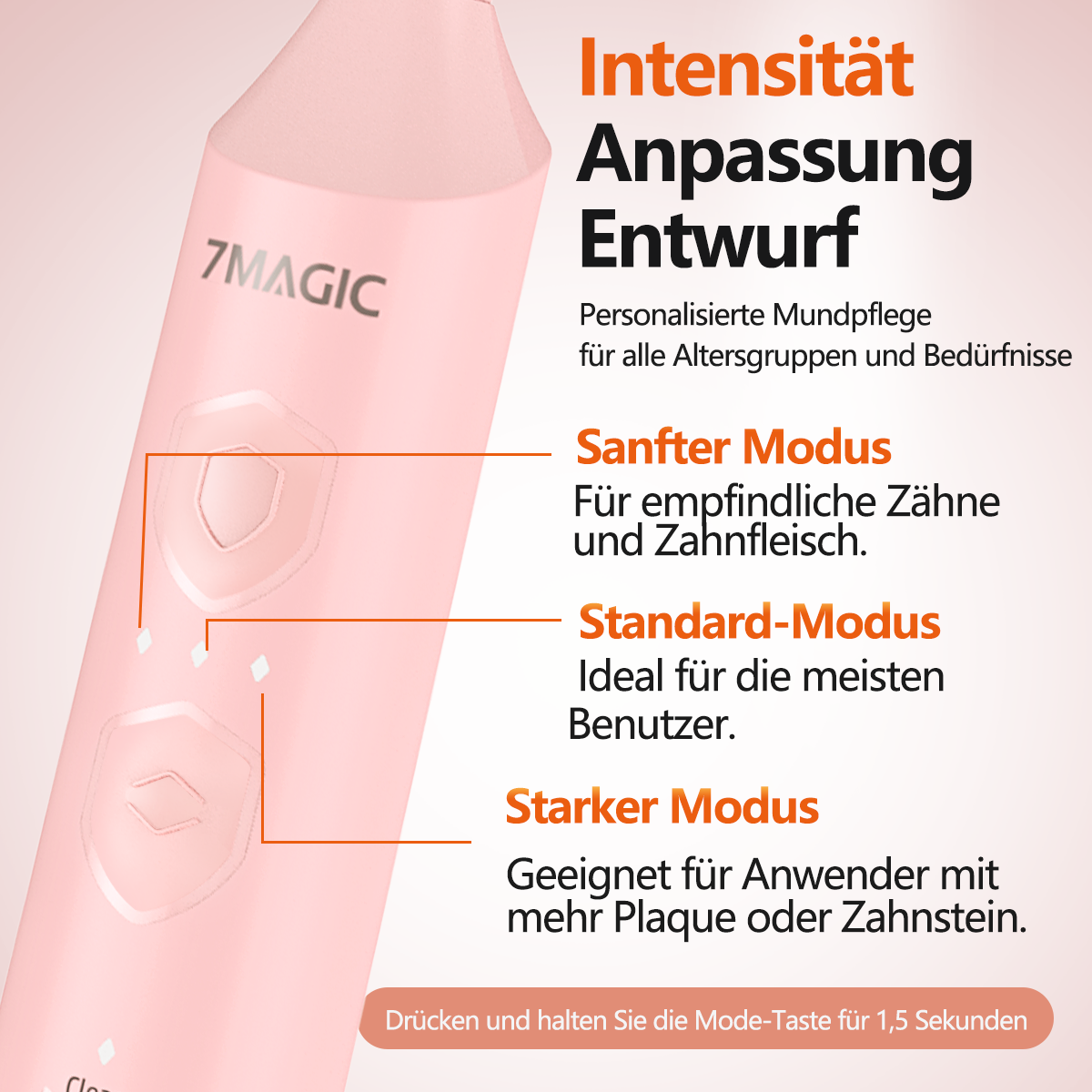 Pinkfarbene elektrische Zahnbürste mit Mode-Einstellungen. Text auf Deutsch.