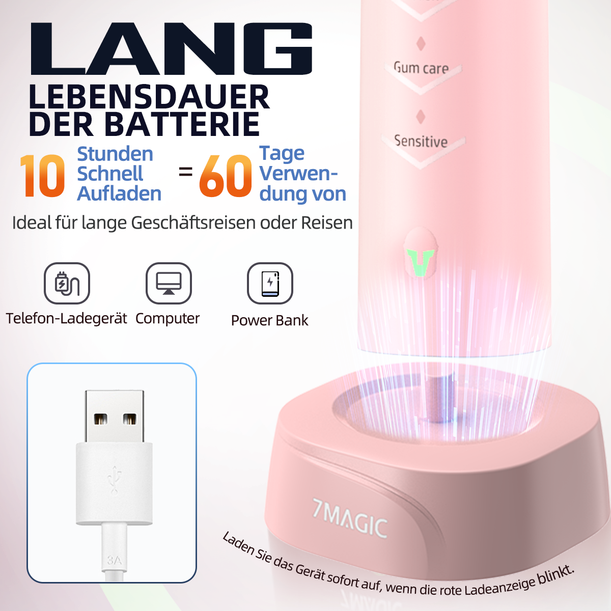 Elektrische Zahnbürste, pink, mit Ladestation und USB-Kabel. Batterie-Info.