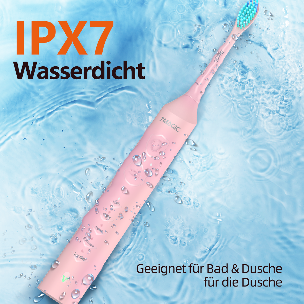 Eine pinke elektrische Zahnbürste mit blau-grünem Bürstenkopf im Wasser.