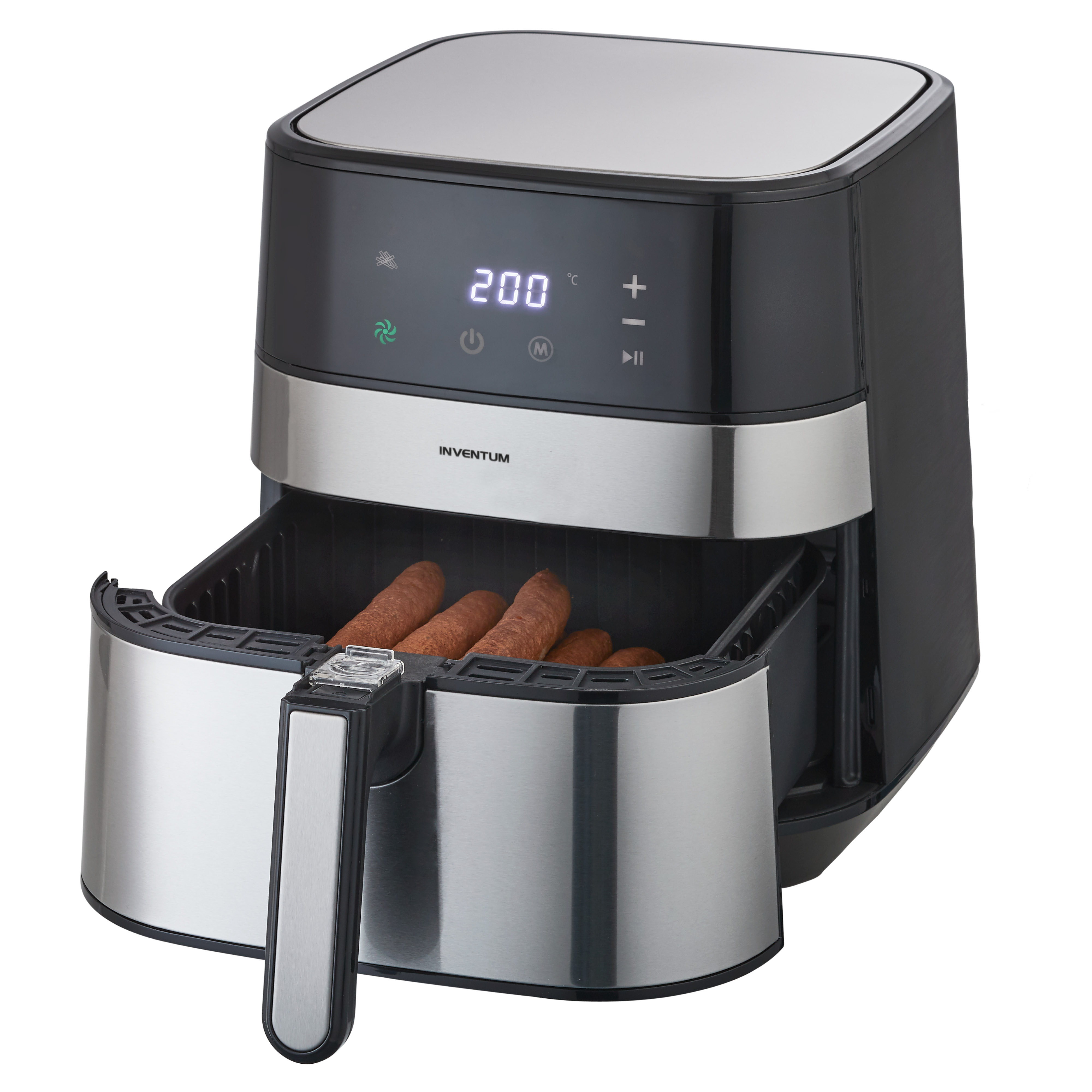 An air fryer with food inside, a digital display, and a metal exterior.