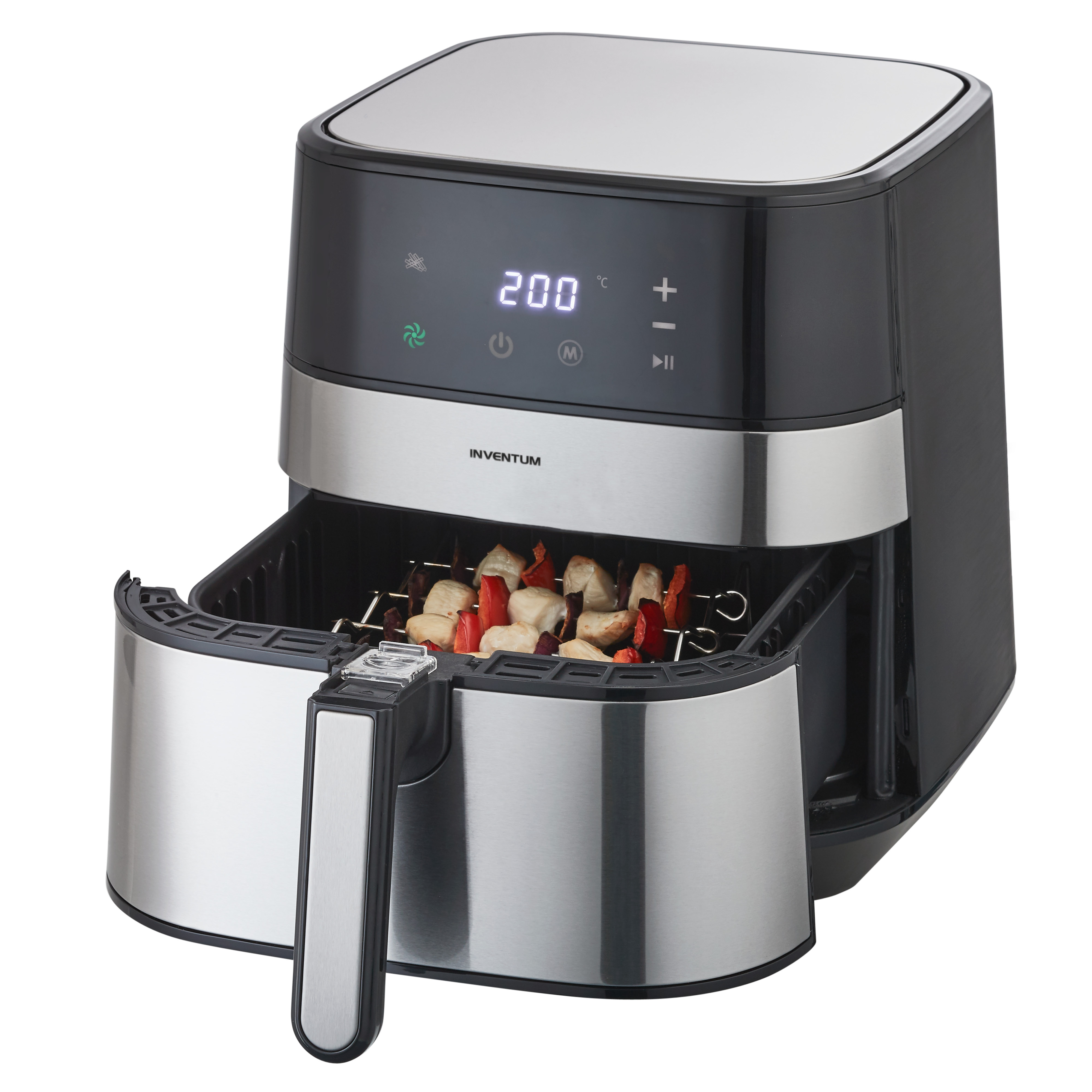 Een airfryer met eten. De temperatuur staat op 200 graden. De lade is open.