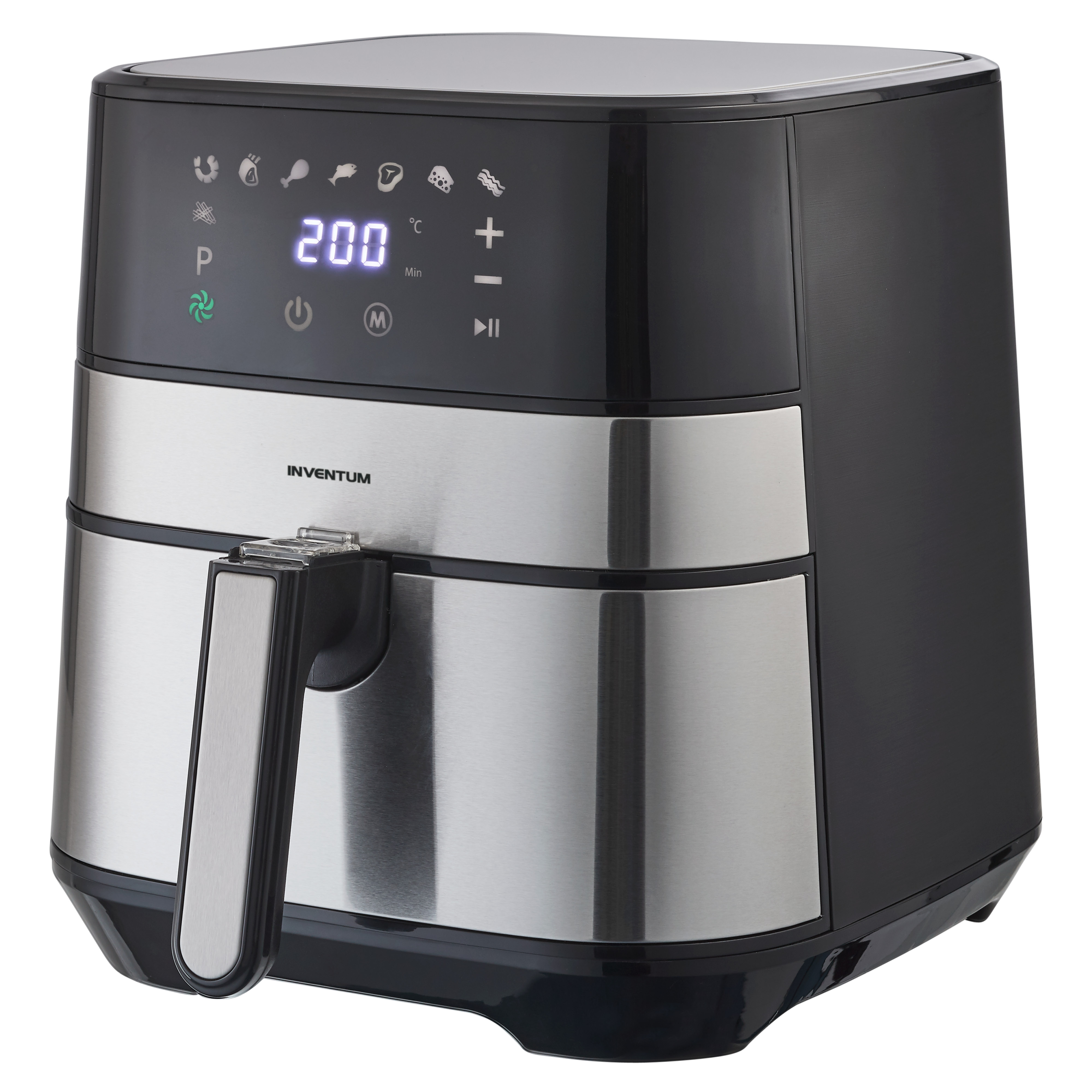 Zwarte en zilveren airfryer met digitaal display en handvat.