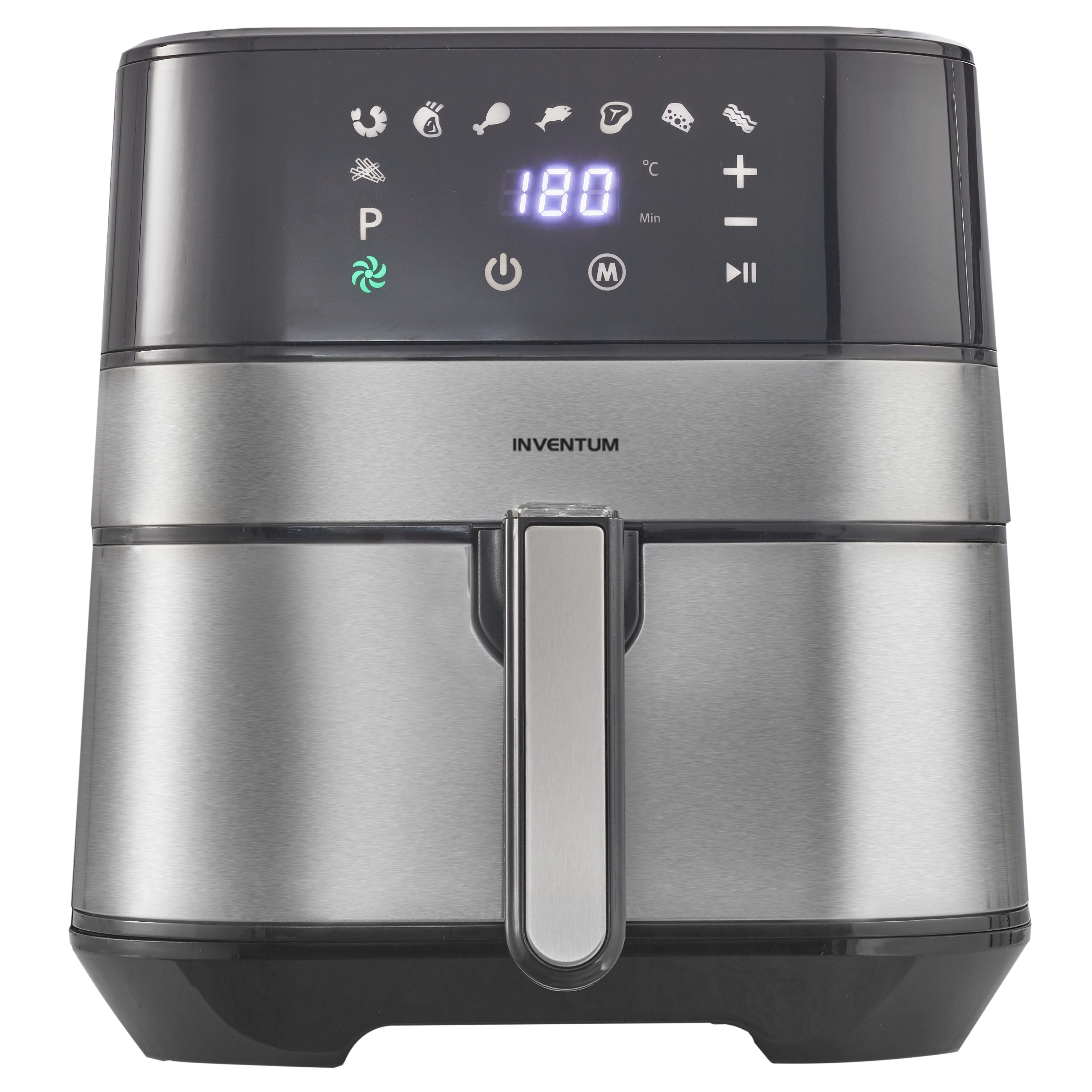 Zwarte en zilveren airfryer met digitaal display met 180°C. Het merk Invetum is zichtbaar.
