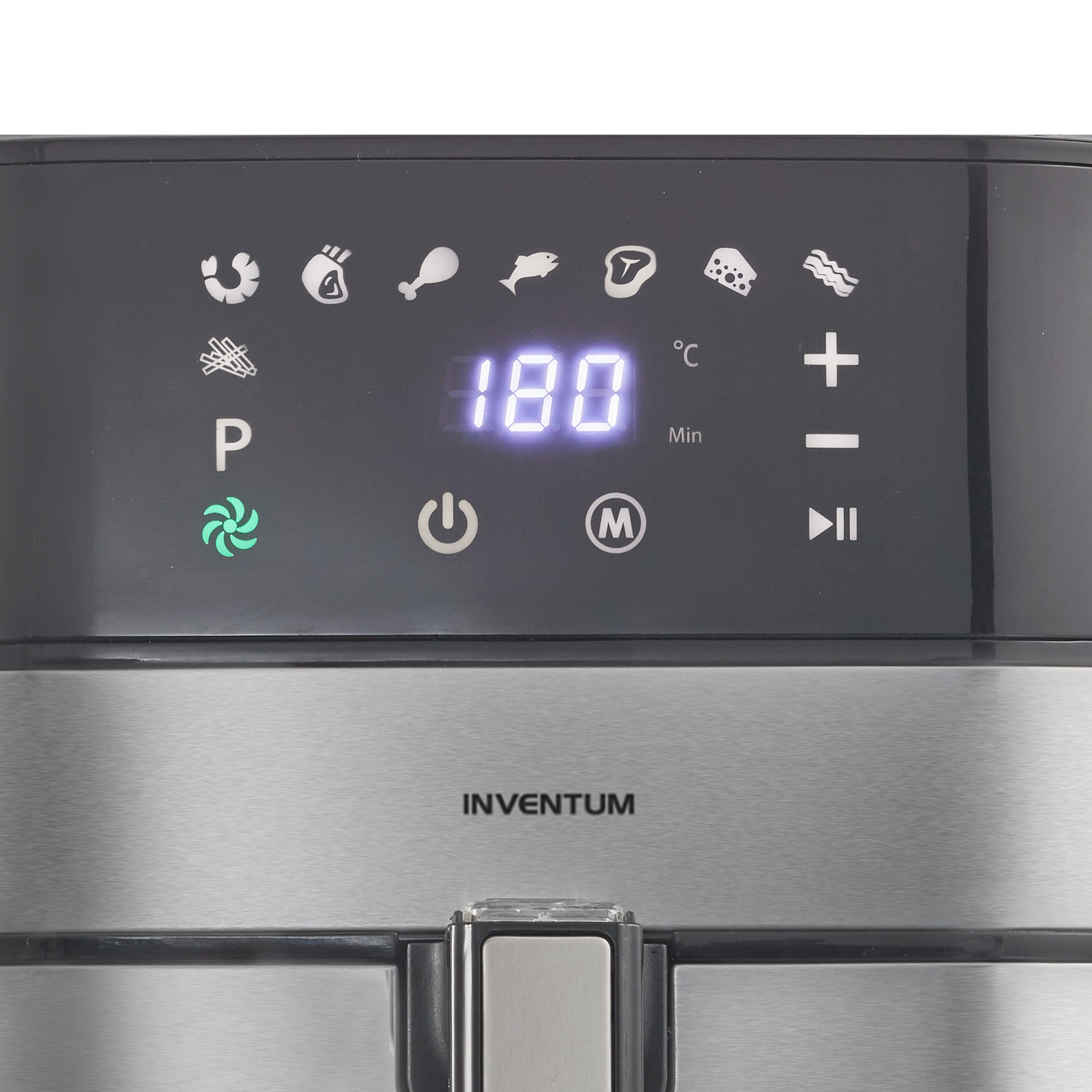 Een close-up van het bedieningspaneel van een Inventum airfryer, met een digitaal display en verschillende pictogrammen.
