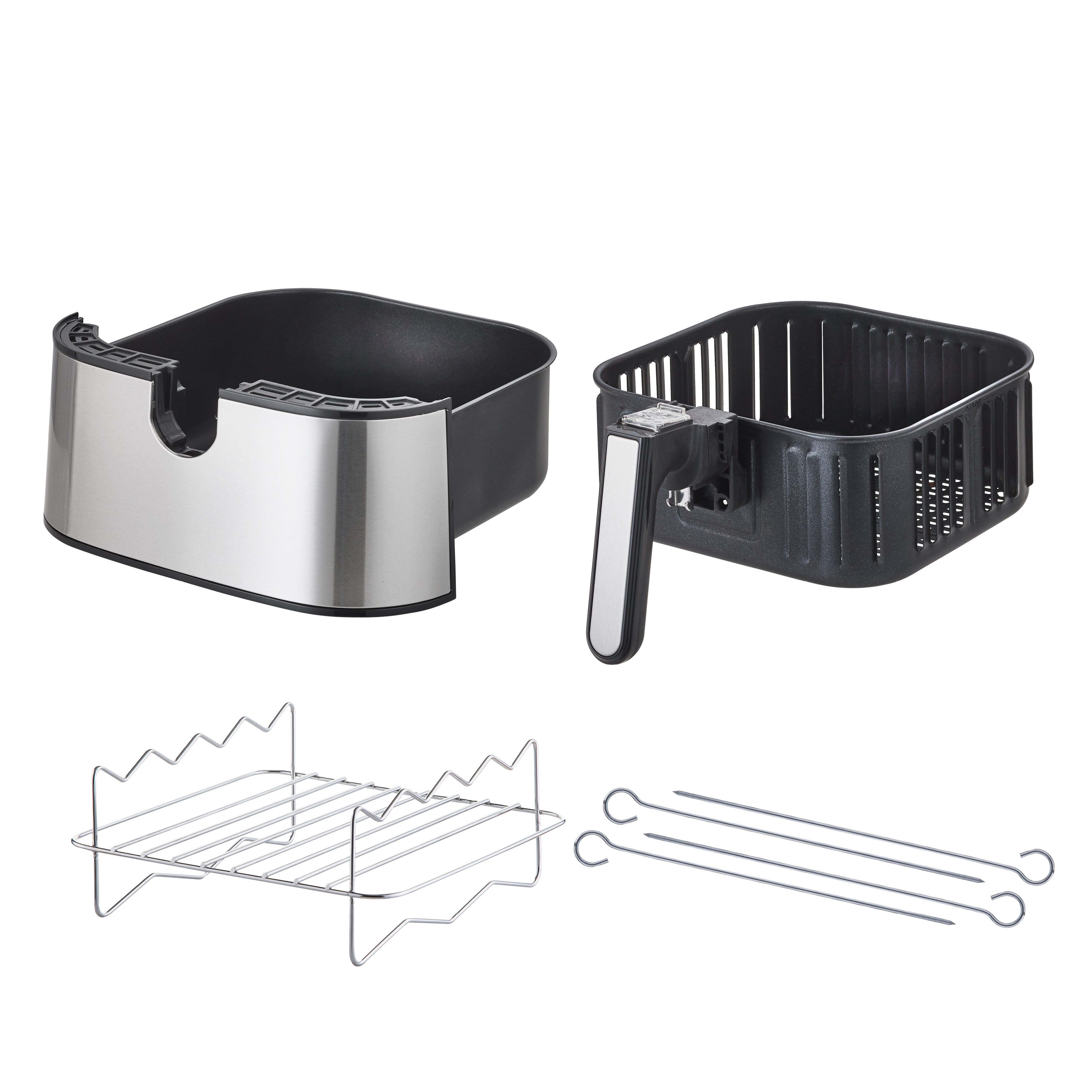 Onderdelen van een airfryer, waaronder een mand, container, rek en spiesjes. Onderdelen zijn nieuw.
