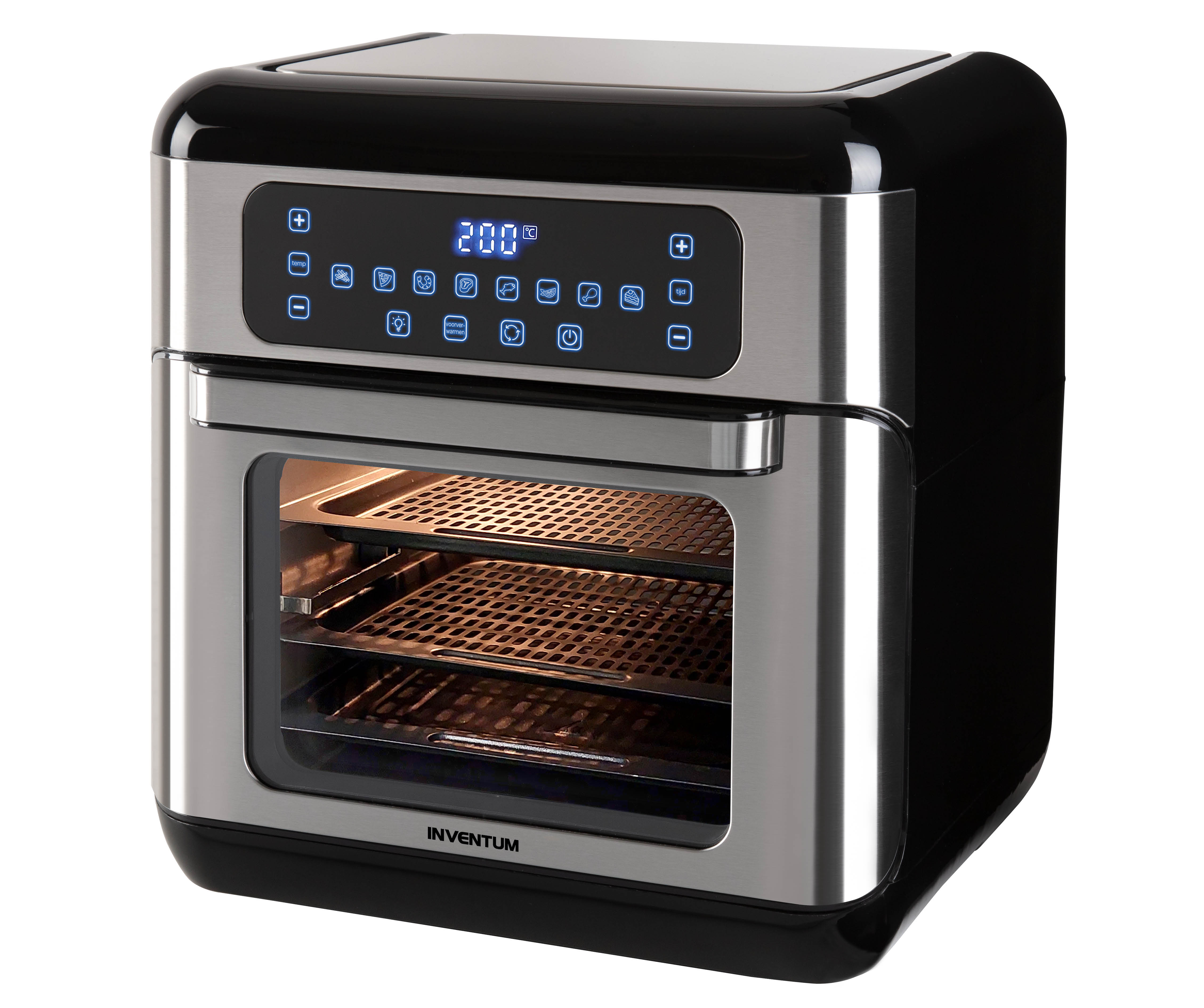 Friggitrice ad aria nera e argento con display digitale. Porta in vetro e due vassoi.
