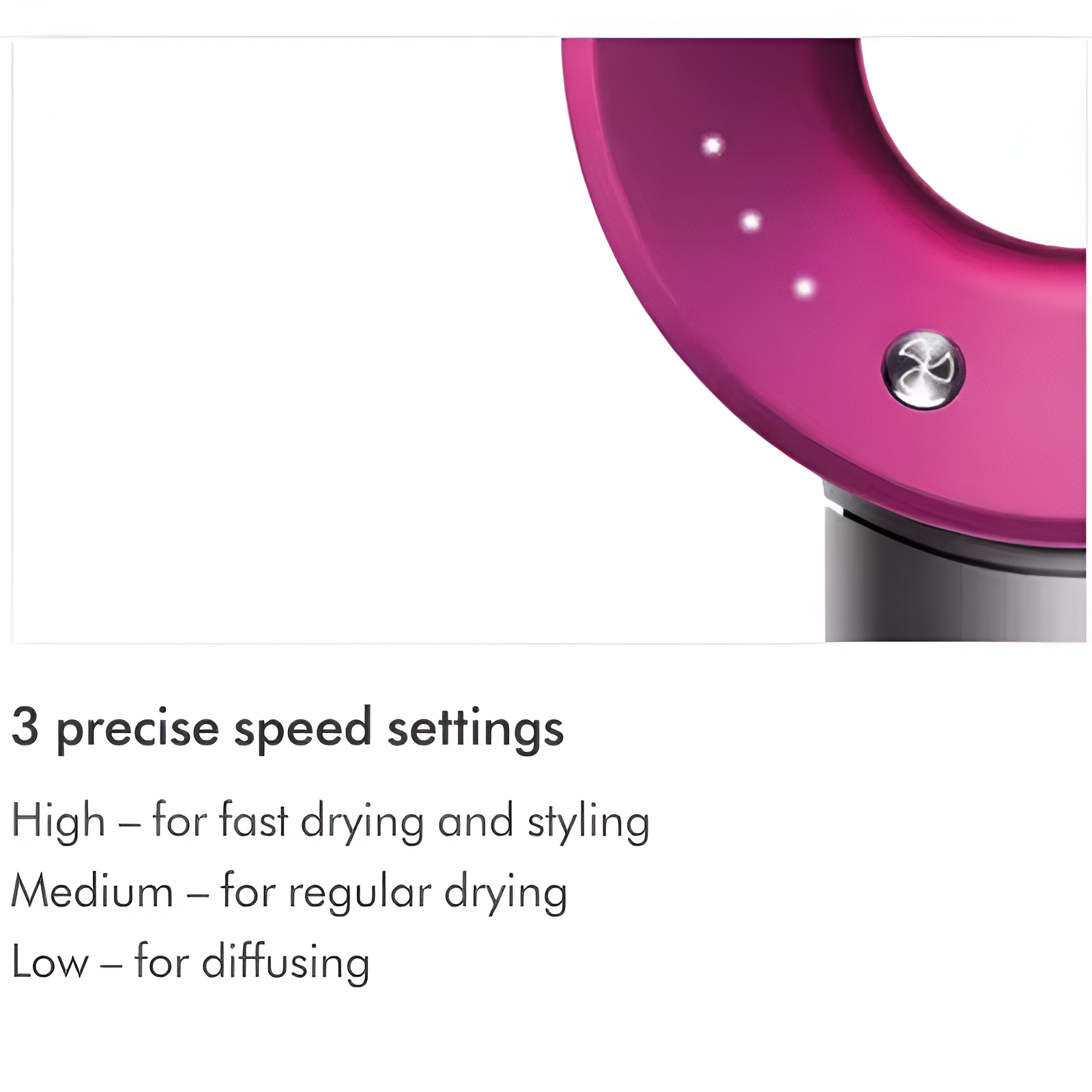 Primer plano de un purificador de aire Dyson rosa con tres configuraciones de velocidad.