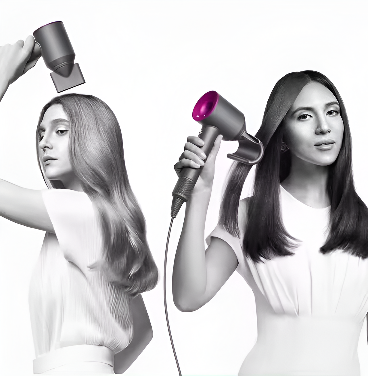 Dos mujeres secando su cabello con secadores contra un fondo blanco.