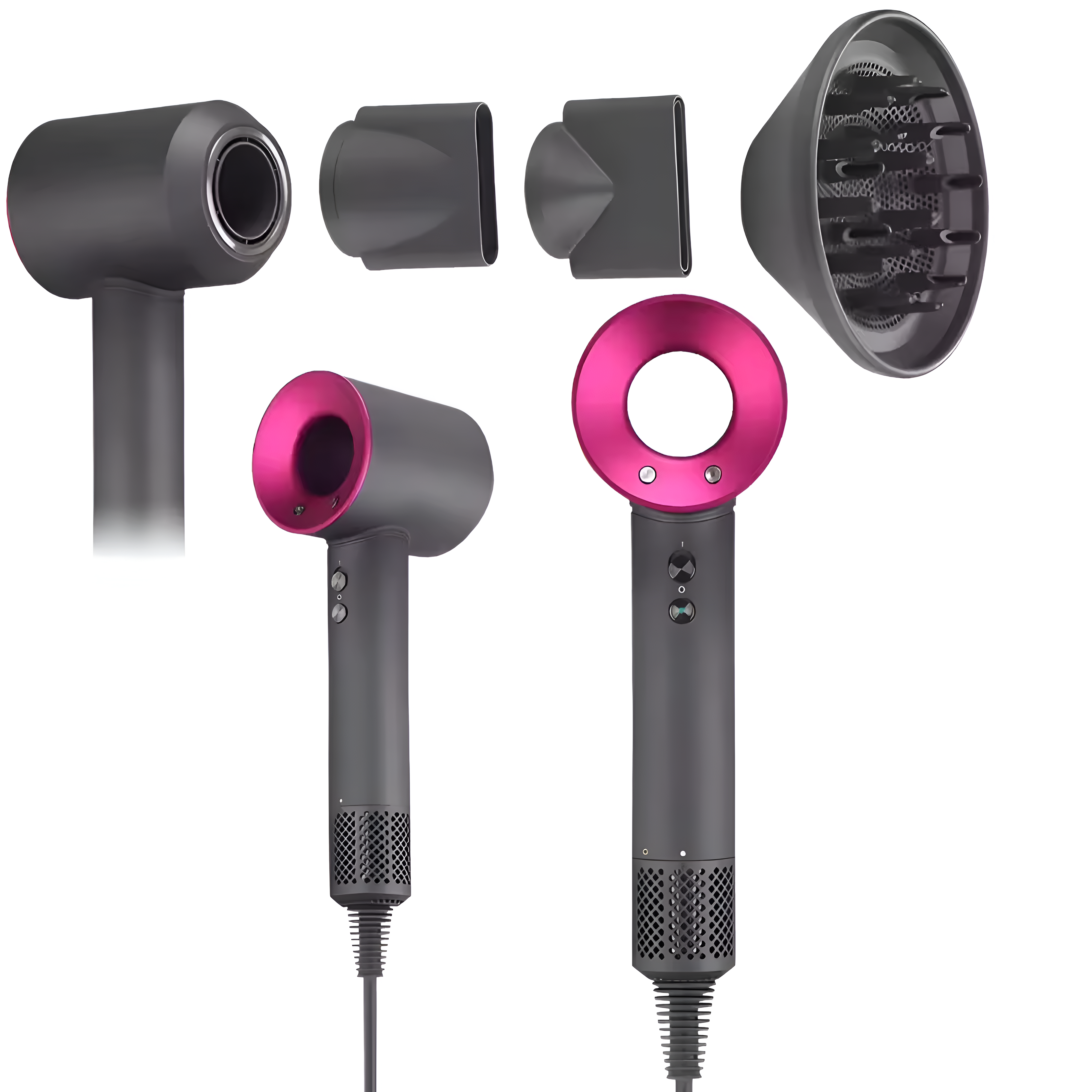Secador de pelo gris y rosa con accesorios. Se muestran varios ángulos.