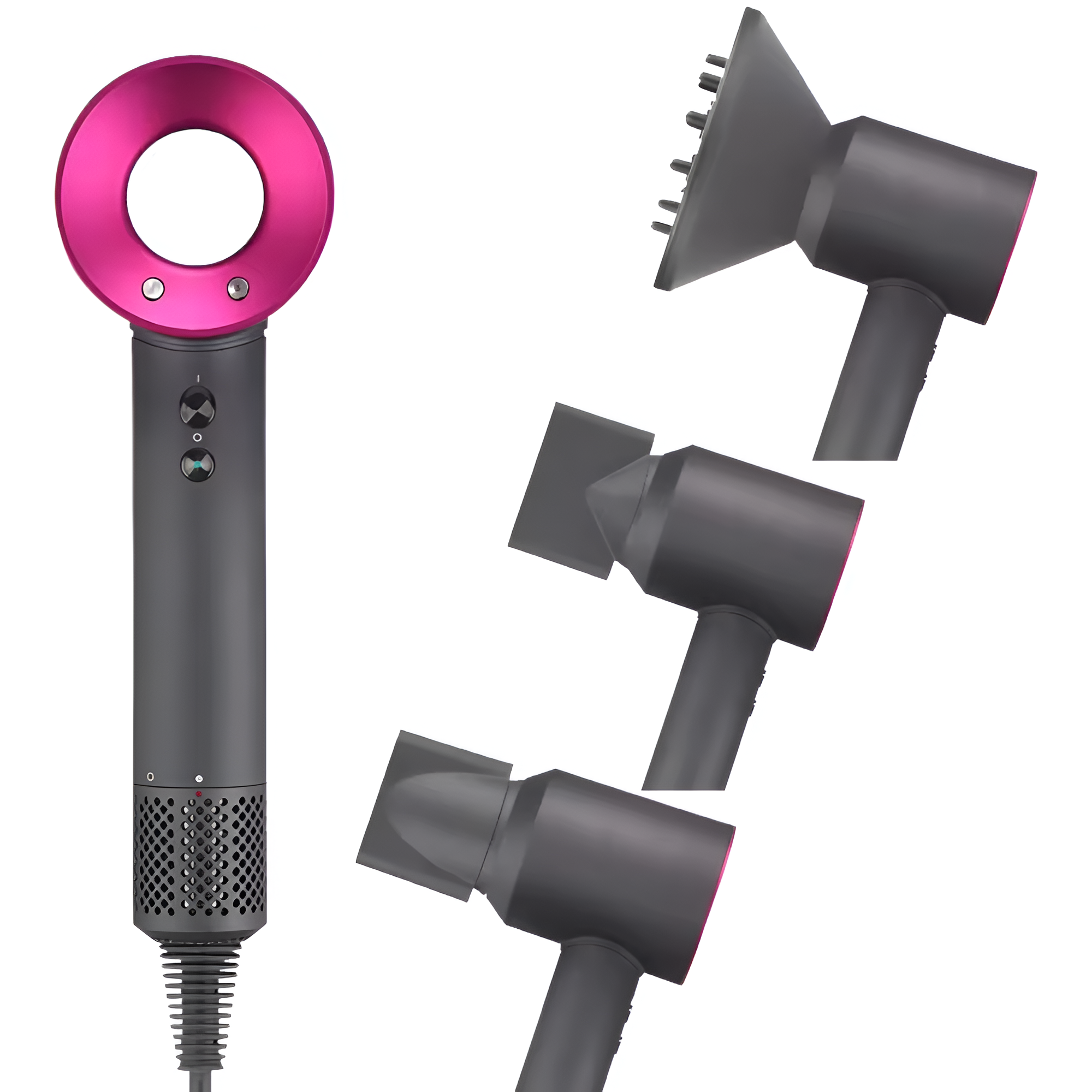 Un secador de pelo Dyson con accesorios. El secador es rosa y gris.