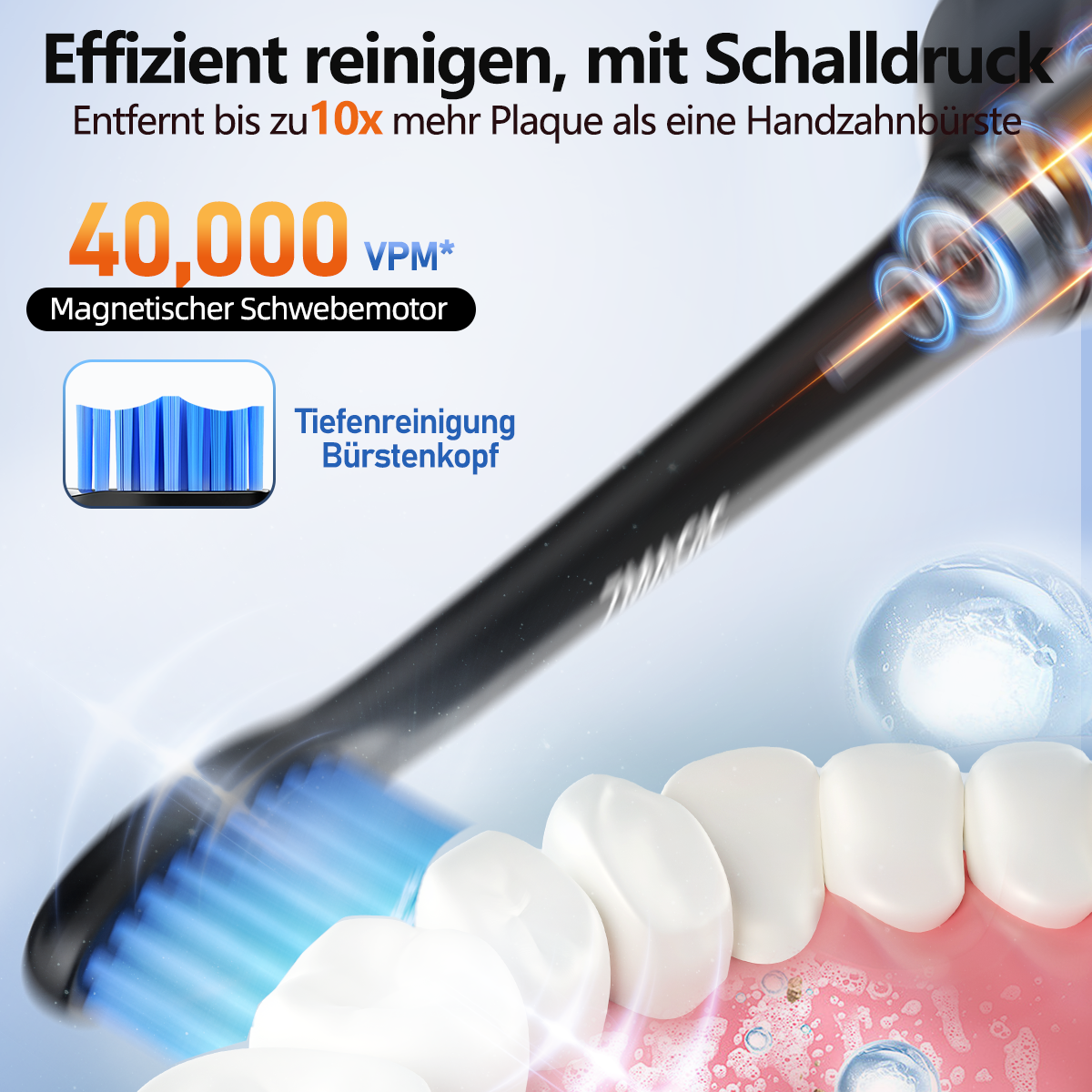 Elektrische Zahnbürste mit schwarzem Griff und blauen Borsten. Es ist Nahaufnahme.