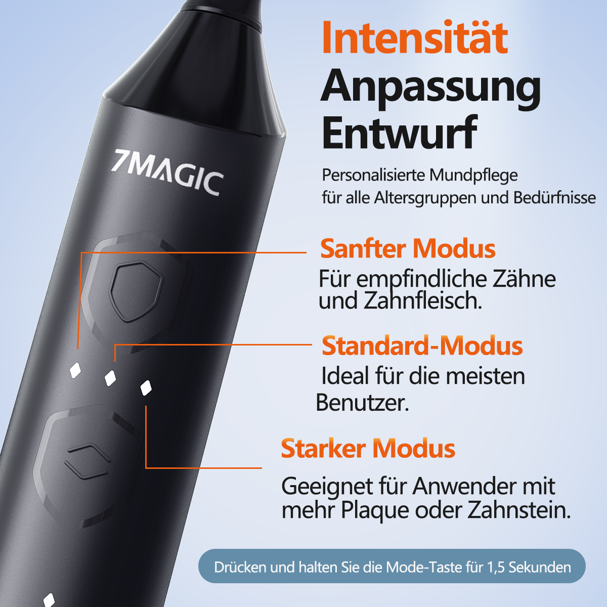 Eine schwarze elektrische Zahnbürste mit Textbezeichnungen für verschiedene Reinigungsmodi.
