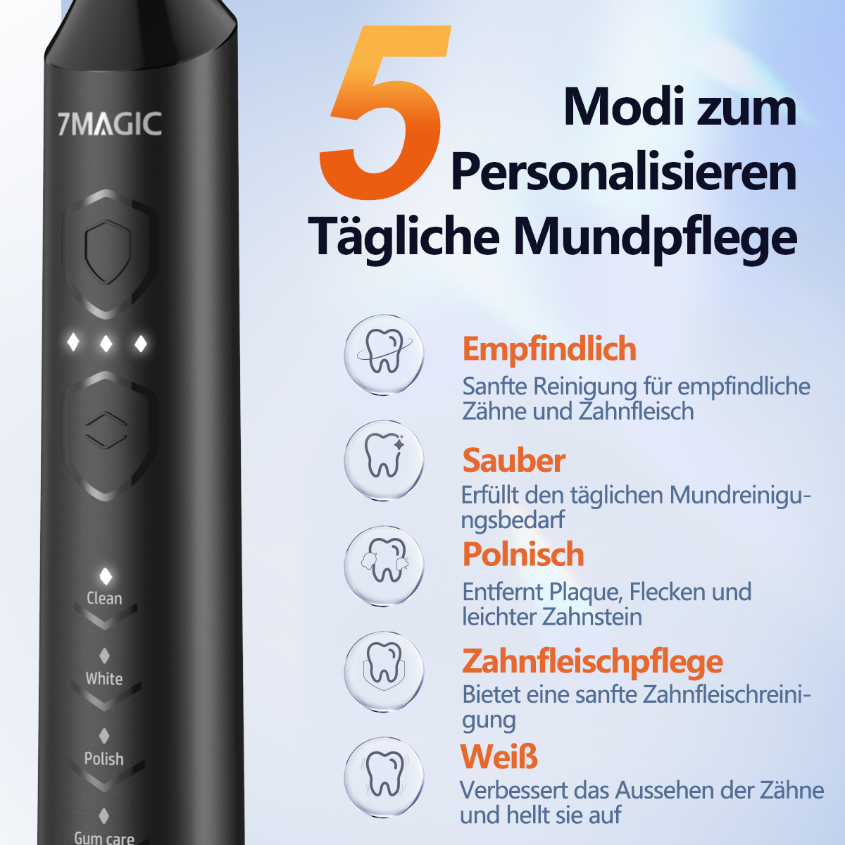 Nahaufnahme einer elektrischen Zahnbürste mit verschiedenen Reinigungsmodi. Text und Symbole.