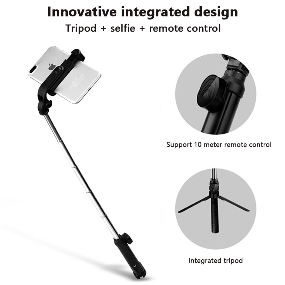 Ein Selfie-Stick mit befestigtem Telefon, Fernbedienung und Stativbasis, mit Textbeschreibung.