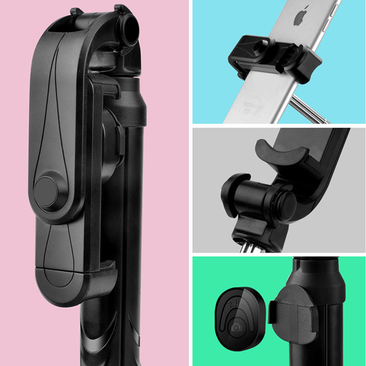 Schwarzer Selfie-Stick mit Details zu seinen verschiedenen Komponenten und der Anwendung.