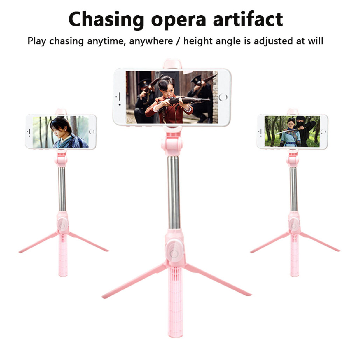 Drei rosa Telefon-Stative mit Telefonen, die Szenen zeigen. Text: 'Chasing opera artifact'.