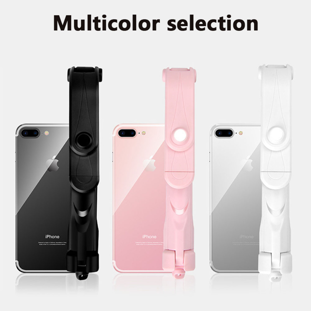 Drei Smartphones mit Selfie-Sticks: schwarz, rosa und weiß. Der Text 'Multicolor selection' steht darüber.