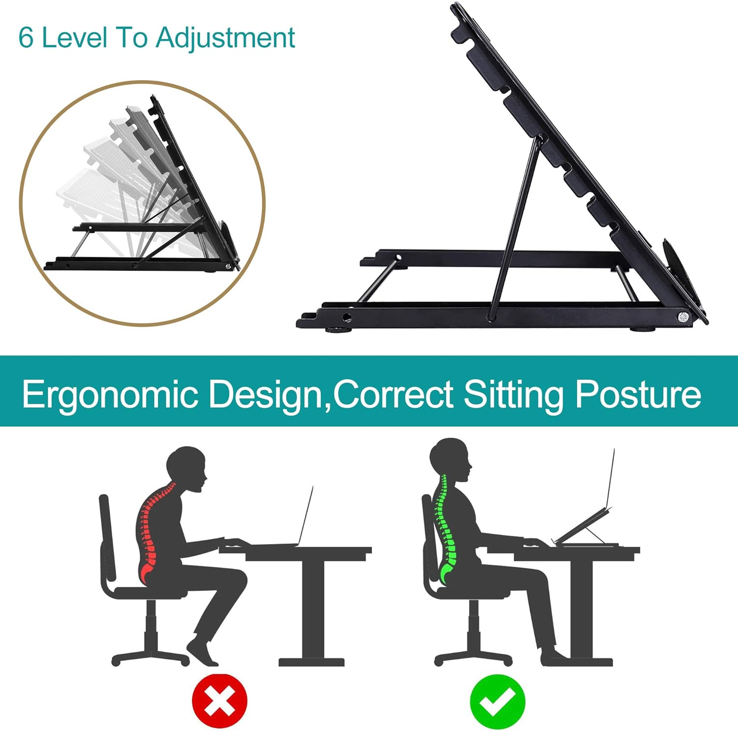 Schwarzer Laptop-Ständer mit verstellbaren Winkeln und Grafik zur richtigen Haltung. Text: Ergonomisches Design, korrekte Sitzhaltung.